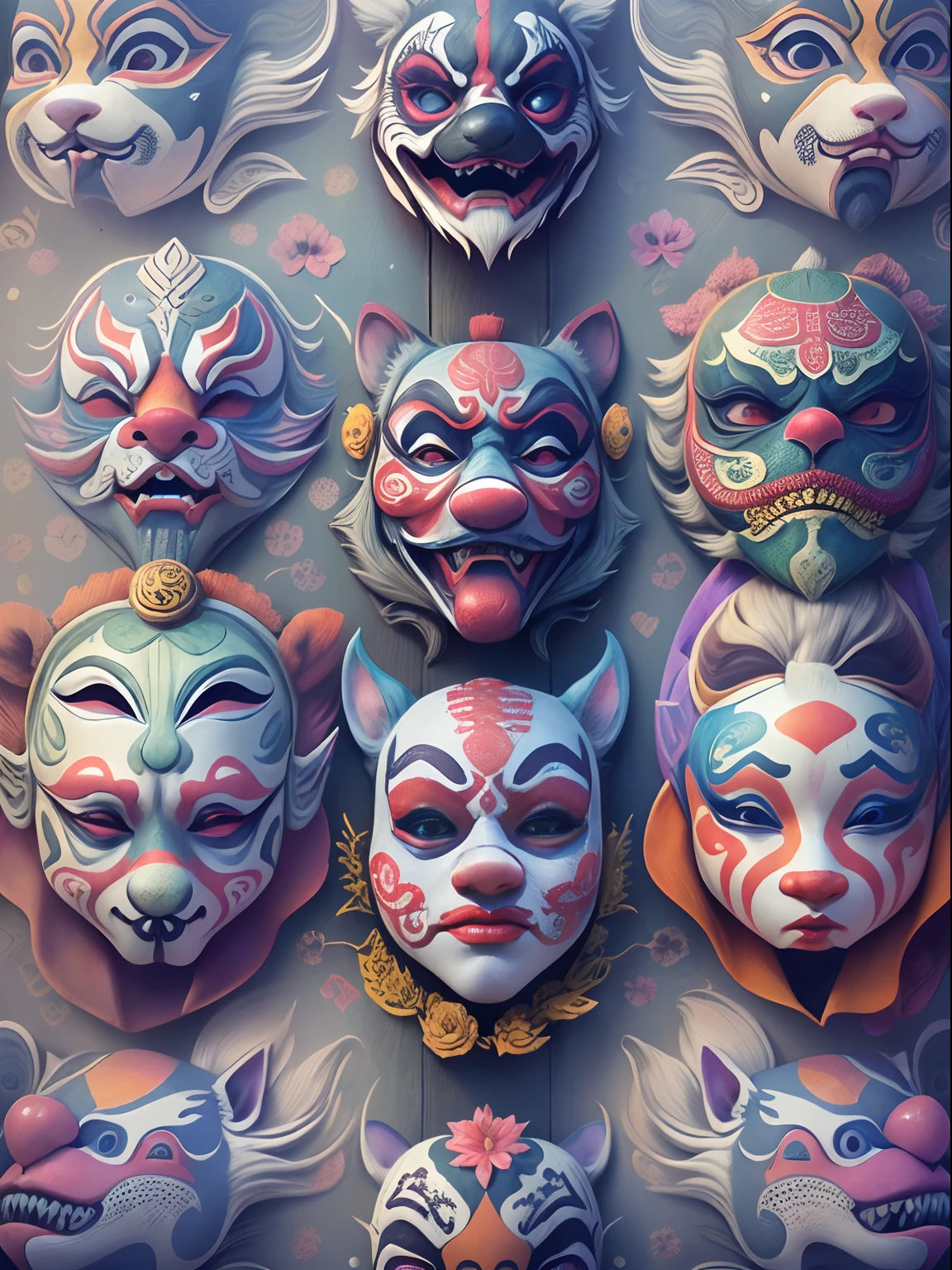 ((Close-up of 6 Peking Opera clown masks), (Peking Opera face）,  drama masks, Realistic, (6. symmetrical arrangements) Masterpiece, Intricate details,hyper HD, Masterpiece, ccurate, Anatomically correct, Textured skin, High details, Award-Awarded, High quality, A high resolution, Best quality, 8K，intricate digital painting,  highly intricate and colorful, Highly detailed symmetry, detailed digital artwork, Symmetrical intricate details, plethora of colors， 
（Sticker style：1.5），white backgrounid，Sticker style