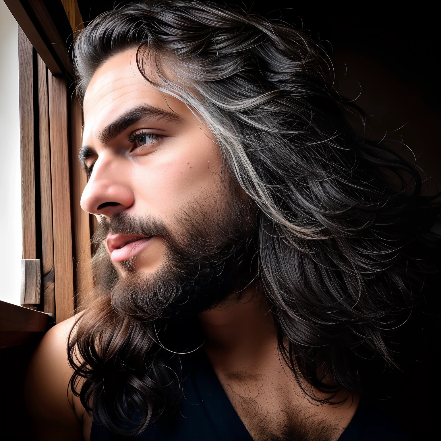 homem arvoroso com cabelo comprido e barba olhando pela janela, com seus longos cabelos pretos,  cabelos e barba prateados, barba cheia de prata, uma foto de um homem desgrenhado, alguns cabelos grisalhos na barba, cabelos grisalhos e barba, longos cabelos brancos e barba, homem de cabelos grisalhos escuros, ele tem barba e cabelos grisalhos