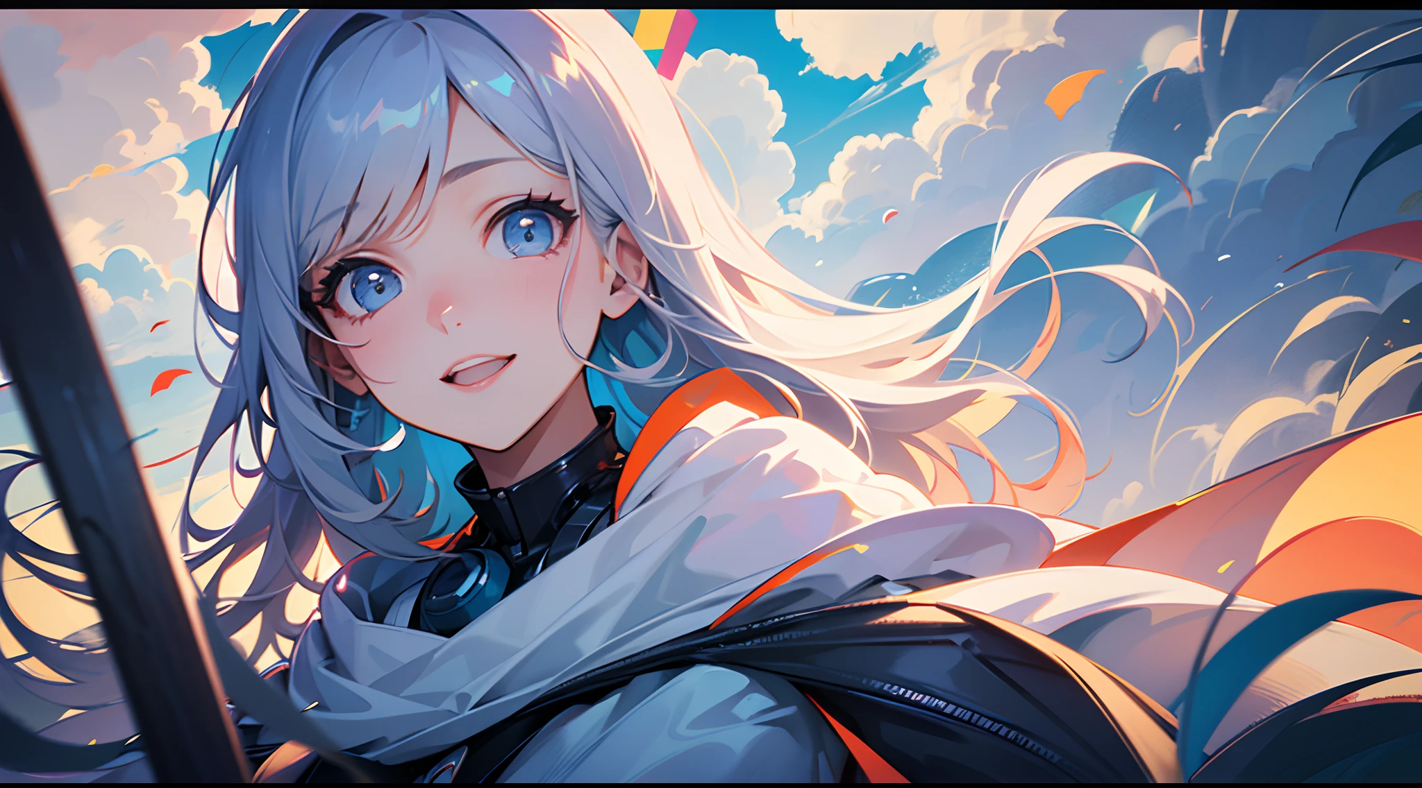 masterpiece, best quality, movie still, 1girl, floating in the sky, cloud girl, cloud, (close-up:1.1), bright, happy, fun, soft lighting, (Bauhaus, shapes, lines, abstract:1.1)