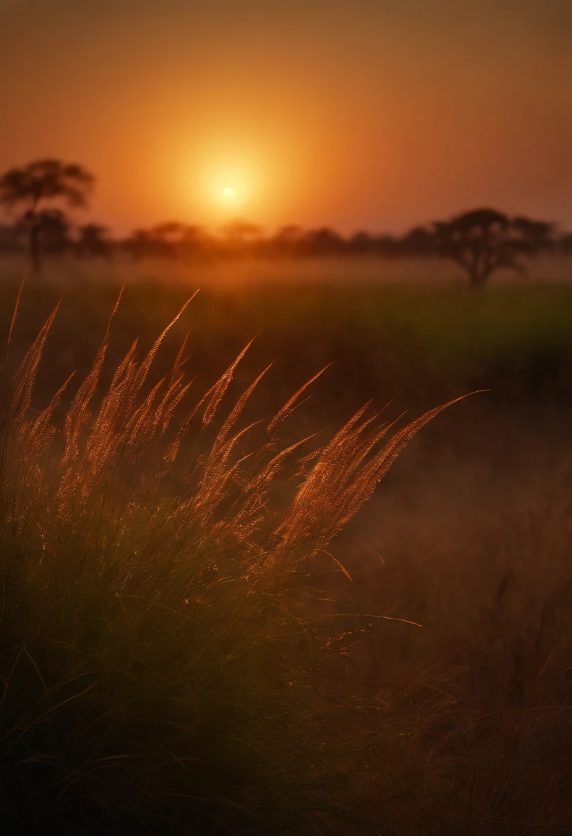 Imagine of the sun rising on the horizon, morning dew caressing the savannah grasses as a new day began on the lush of African wilderness, Cinematic, epic, Hyper-realistic image, fit screen,