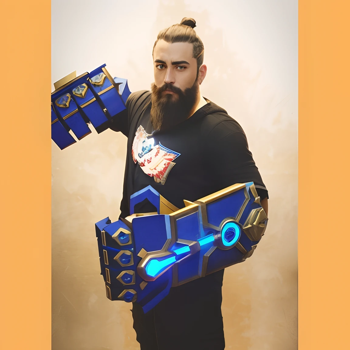 homem arafed com barba e barba segurando uma caixa azul e dourada, Como um personagem de Overwatch, como personagem de overwatch, pauldrons enormes, Raziel IRL, Sigma de Overwatch, Hanzo de Overwatch, League of Legends inspirado, Armadura do mundo de Warcraft, Torbjorn de Overwatch, Jayce Arcano, traje completo, pauldrons estilizados enormes
