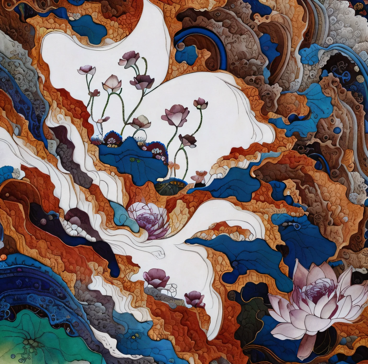 Lotus close-up,highly intricate and colorful, an ultrafine detailed painting, intricate oil painting detail, surreal waiizi flowers, intricate organic painting, with lotus flowers, james jean artwork, Intricate detail painting, Intricate Painting, intricate beautiful painting, An intricate and colorful masterpiece, plethora of colors,detail-rich