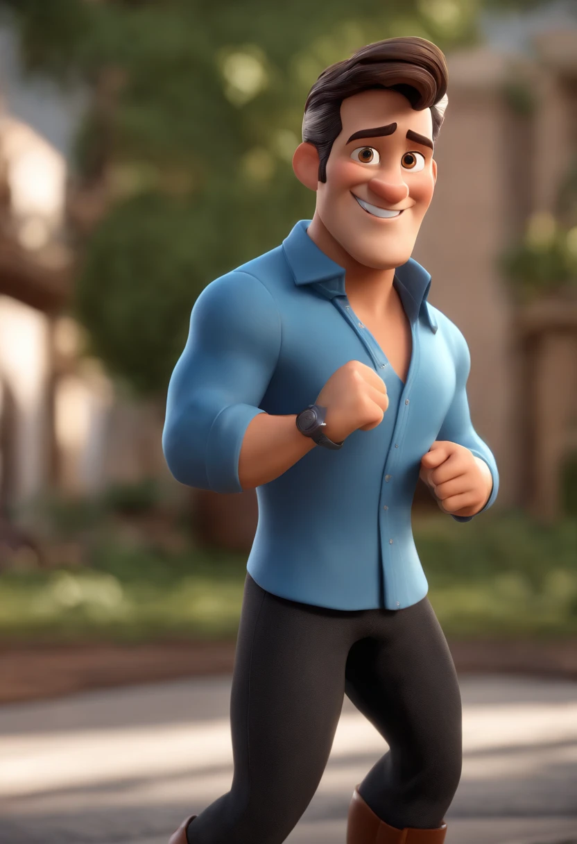 Personagem dos desenhos animados de um homem 30 anos, gordo, cabelo cacheado preto, escuro e uma camisa azul, pele morena, animation character, Caractere estilizado, animation style rendering, 3D estilizado, Arnold Maya render, 3 d render stylized, toon render keyshot, Personagem 3D, Personagem 3D, 3d rendering stylized, 3 d character render, personagem de desenho animado, Personagem de close up, Pose de personagem,  (Estilo Pixar) (master part:1.2) (Bokeh) (best quality) (pele detalhada) (textura detalhada) (8k) (argila) (Cinematic lighting) (foco nítido