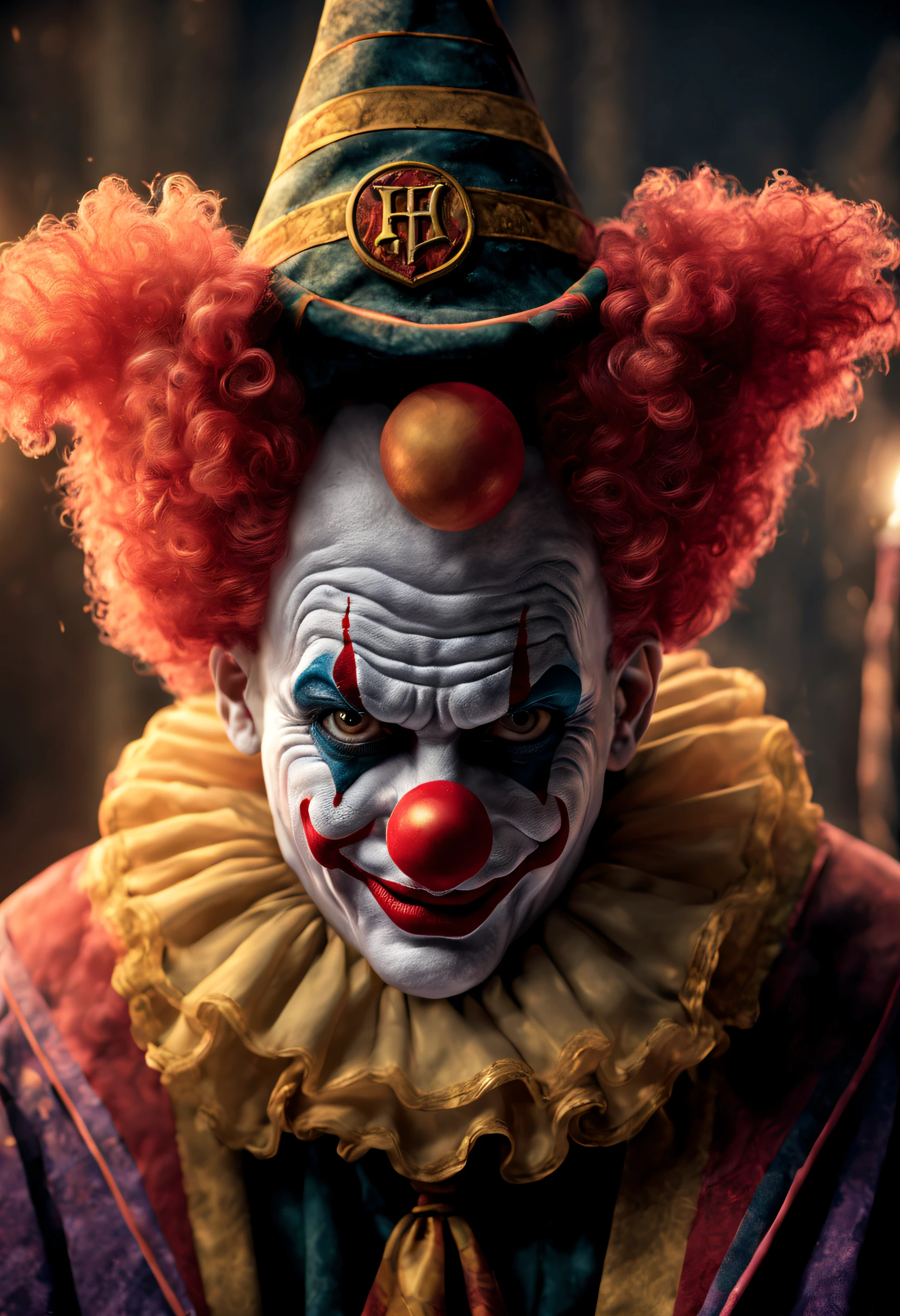 (Best quality, 8K, high resolution, Masterpiece: 1.2), Ultra detailed, (Realistic, Photorealistic, Photorealistic: 1.37), (A clown dressed in Hogwarts School of Witchcraft and Wizardry, The eyes are full of weirdness and evil，In a magical ritual: 1.42), With his magic book and a crystal staff with mystical symbols. The scene is full of bright colors, The clown's magic trick creates a captivating visual spectacle. Every detail of the magic is meticulously rendered, Textures and lighting effects highlight the pulsating energy. Images are real works of art, It has a very high resolution. Every detail has been taken care of to the utmost care, It has an impressive atmosphere full of magic, Surrounded by a mysterious aura, (anatomically correct, textured skin, UHD, masterpiece, ccurate, super detail, high quality, best quality, highres, 8k), fire element composed of fire elements