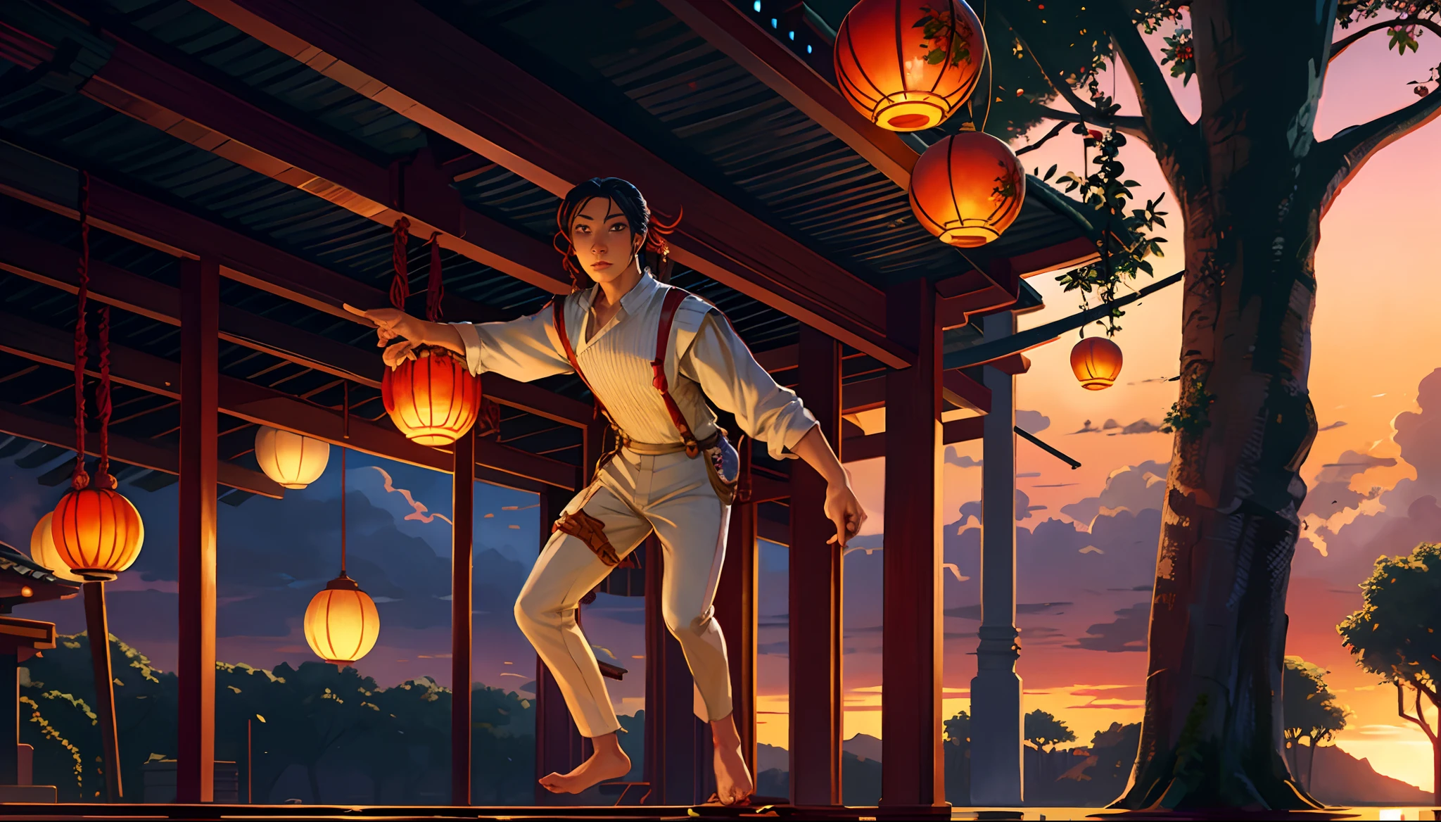 the sunset,eventide,middle parted hairstyle,Suspenders,A lychee tree full of red lychees,Five fingers are normal and clear,Feet on the ground