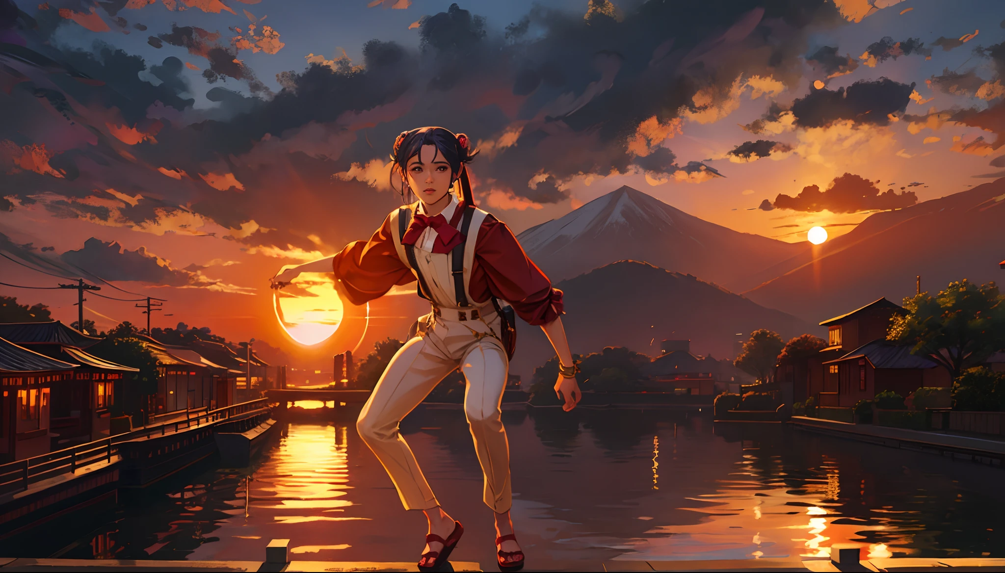 the sunset，eventide，middle parted hairstyle，Suspenders，litchi，Five fingers are normal and clear，Feet on the ground