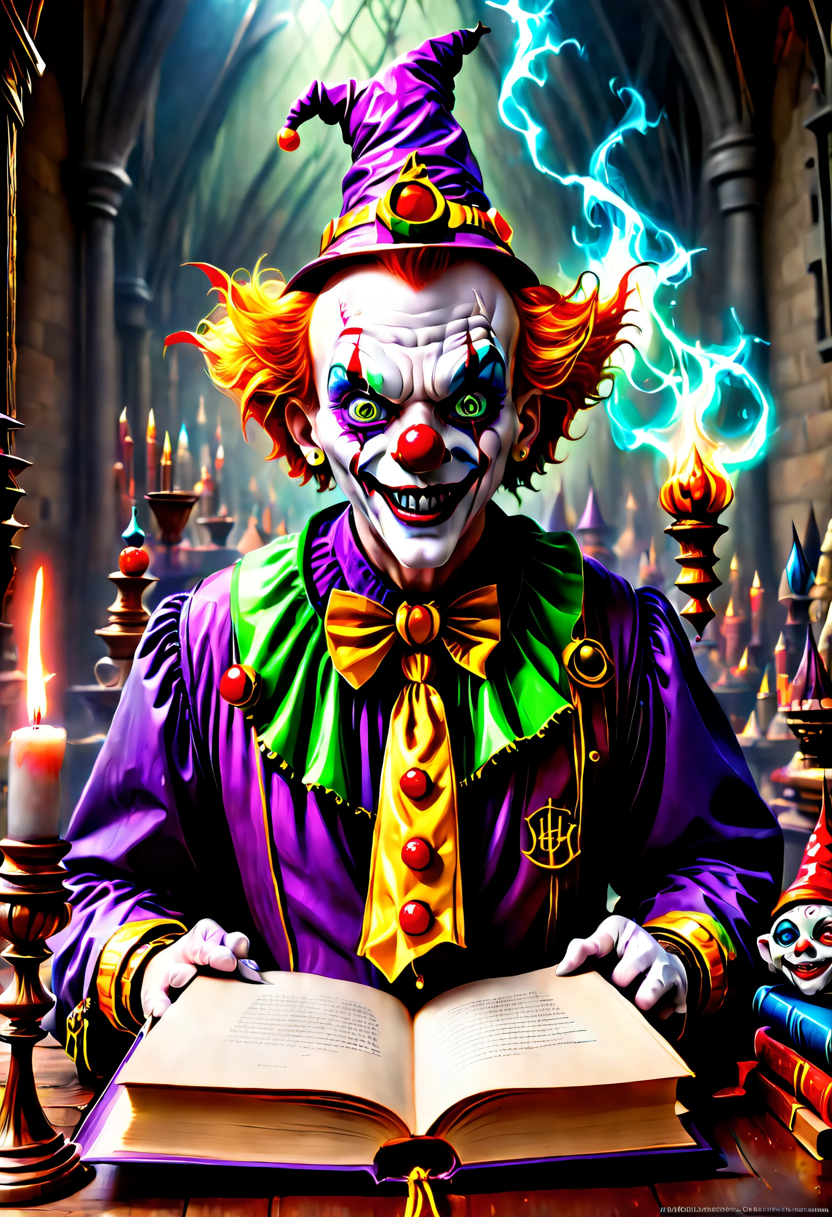 (Best quality, 8K, high resolution, Masterpiece: 1.2), Ultra detailed, (Realistic, Photorealistic, Photorealistic: 1.37), (A clown dressed in Hogwarts School of Witchcraft and Wizardry, The eyes are full of weirdness and evil，In a magical ritual: 1.42), With his magic book and a crystal staff with mystical symbols. The scene is full of bright colors, The clown's magic trick creates a captivating visual spectacle. Every detail of the magic is meticulously rendered, Textures and lighting effects highlight the pulsating energy. Images are real works of art, It has a very high resolution. Every detail has been taken care of to the utmost care, It has an impressive atmosphere full of magic, Surrounded by a mysterious aura, (anatomically correct, textured skin, UHD, masterpiece, ccurate, super detail, high quality, best quality, highres, 8k), fire element composed of fire elements