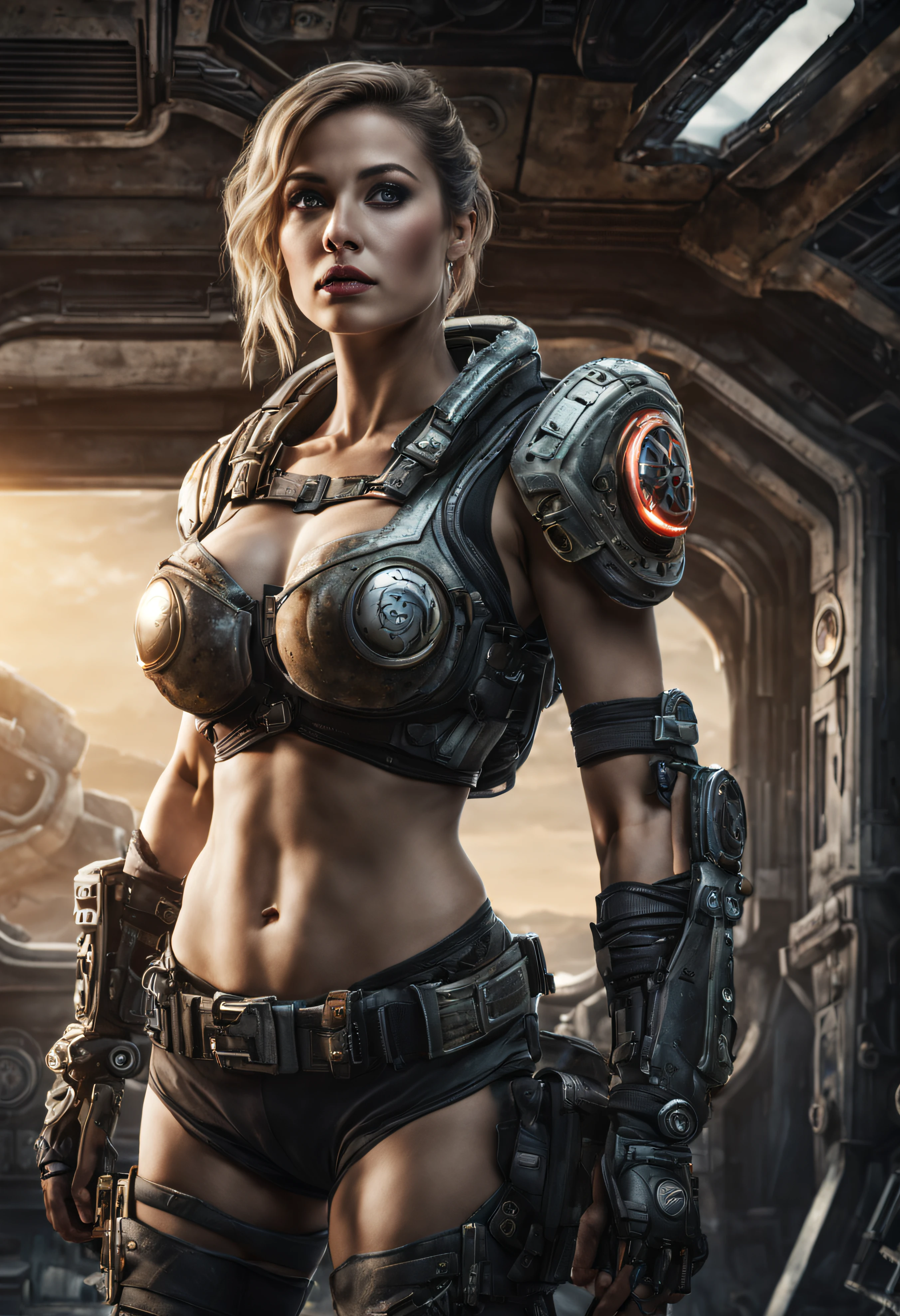 mujer alienigena extraterrestre, considerada como una de las razas mas bellas de la galaxia, con una cara, ojos y labios sensuales, vestida con uniforme sexy de gears of war, se encuentra en centro de control de estacion espacial. hiperrealista, imagen nitida, 8k. imagen cinematografica.