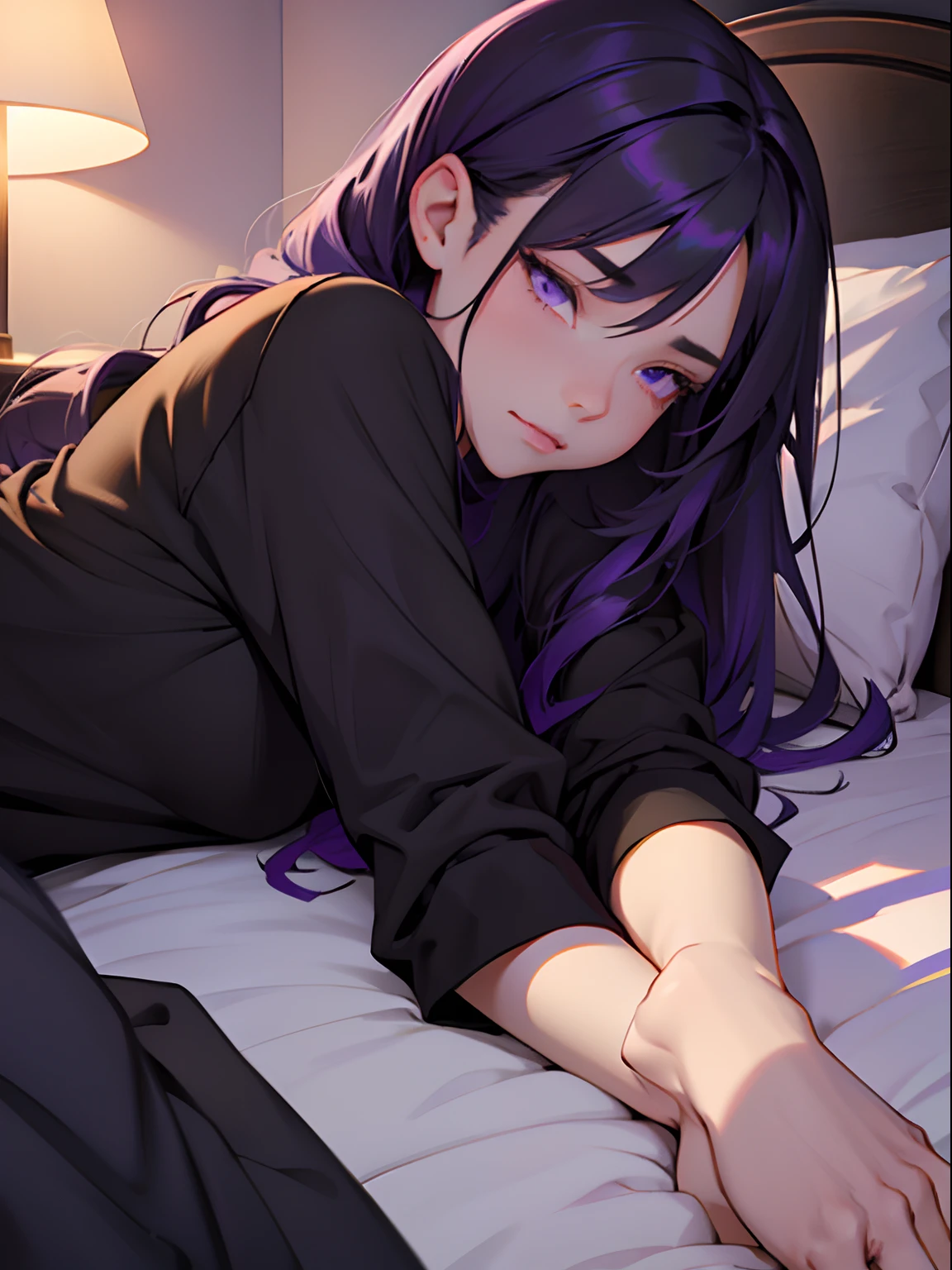 Girl in black pajamas. Girl surprisingly long hair. Purple hair girl. Focus on the smallest details. hiquality. Black Room. Black Bed. Purple hair girl. Girl sleeping on bed. dim lights. the night. Very detailed face. violet eyes. Violet eyes. black pajamas. higly detailed. Beautiful facial features. Petite. black tshirt. Black Sweatshirts. half-open eyes. Girl lying on a black bed. Black Bed . Red Accent Details. The girl is sleeping on the bed. Full length picture. The girl lies alone on the bed.