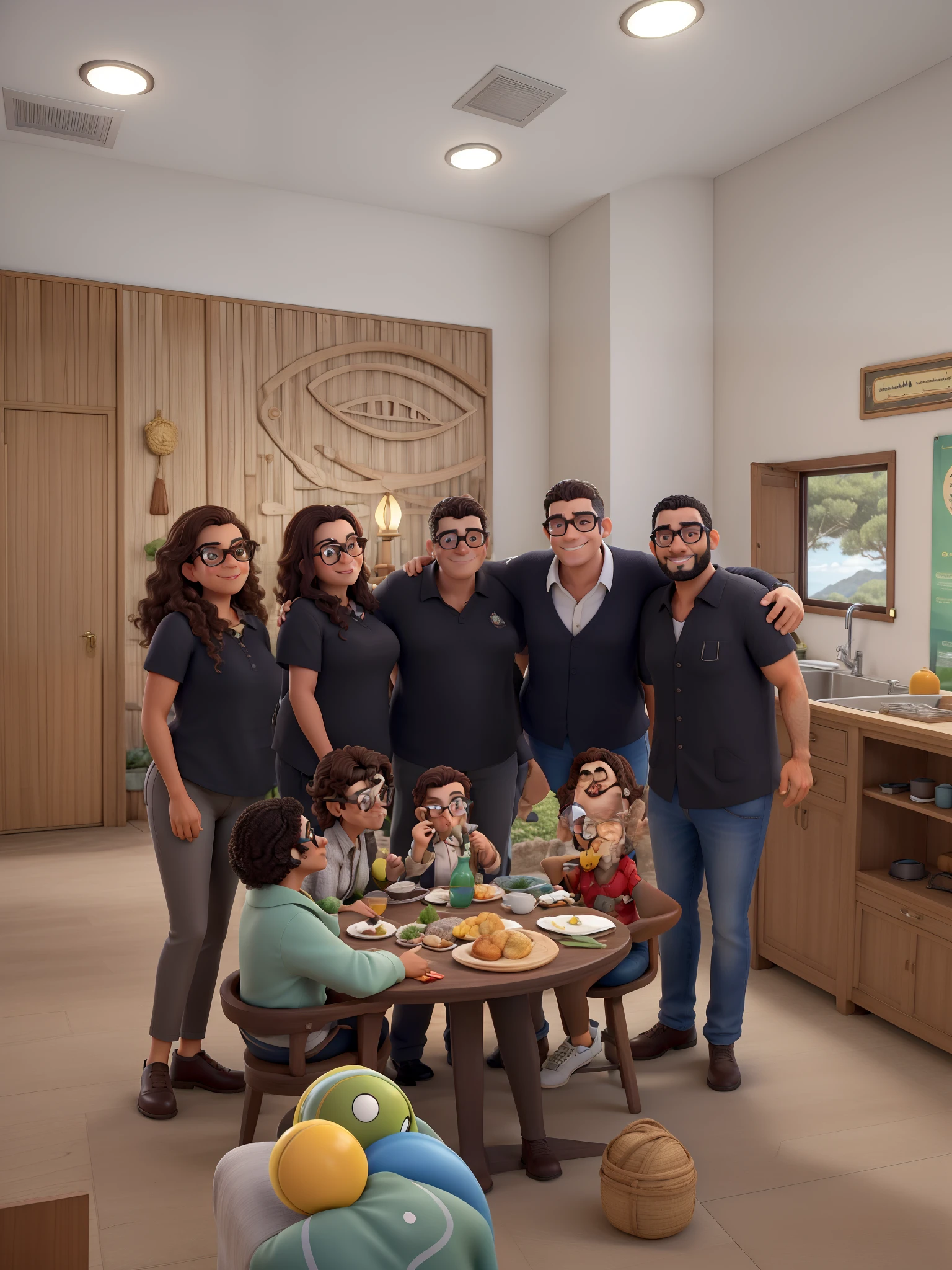 Uma equipe de pessoas, profissionais do turismo, Made up of three women, uma branca alta, brunette, medium hair, dark brown, wavy, uma mulher baixa corpo gordo, cabelos compridos castanho claro, wears glasses, uma mulher branca, alta cabelos compridos ondulados castanho claro, wears glasses, o homem, Tall with arabic features, moreno claro, magro, outro homem negro, baixo, careca, wearing goggles, in front of the Pena Palace, em Sintra, portugal, estilo disney