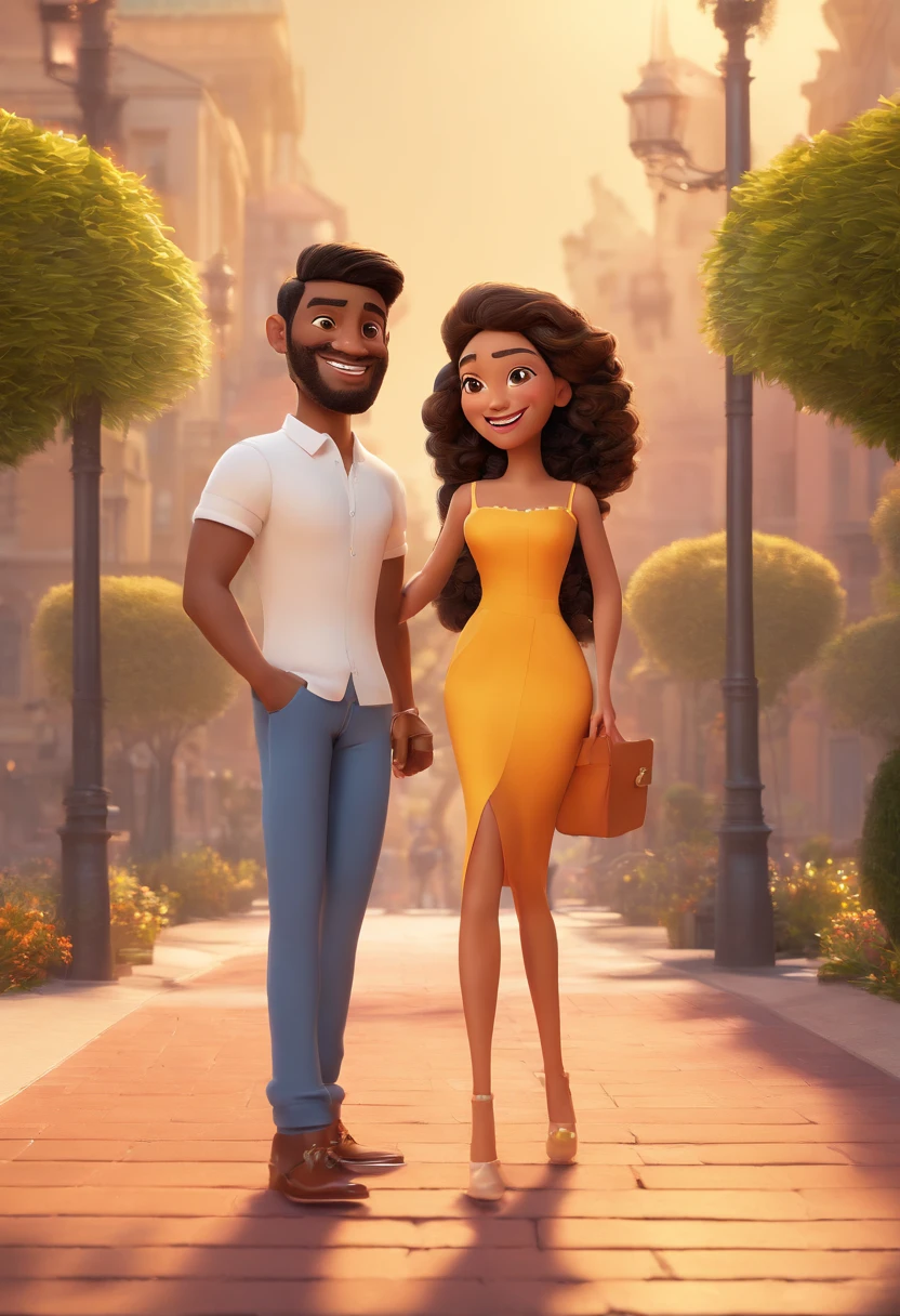 An illustration of an adorable couple, Highlighting a white man and a black woman with beautiful expressive eyes – the man's skin is white and the man's hair is straight and black, while the woman's skin is black and the woman's hair is straight and brown. They are a bright room, cada um com um sorriso no rosto, e compartilhar um momento especial caracterizado pelo amor, Insights. Illustrate this scene from a perspective where they are facing the camera, Smiling and Showing Your Connection. Desenvolva esta arte em Full HD, Focus on your cinematic touch, Estilo Disney Pixar Animations