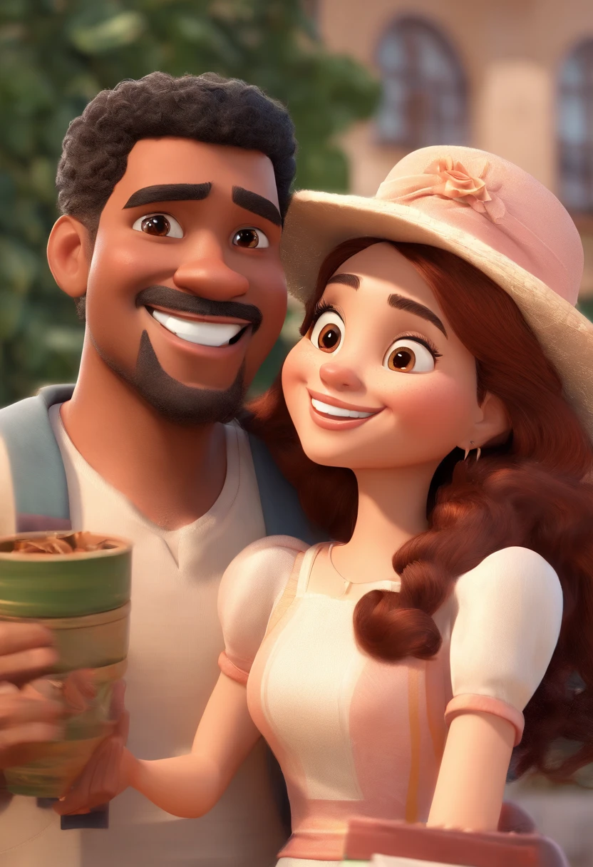 An illustration of an adorable couple, Highlight for a mulatto man and a white woman with beautiful expressive eyes - the man's skin is mulatto and the man's hair is dark brown combed to the side, ele possui barba, while the woman's skin is white and the woman's hair is long, liso e castanho. Sse beijando em frente ao arbusto florido, are in love, e compartilhar um momento especial caracterizado pelo amor, Insights. Illustrate this scene from a perspective where they are facing the camera, Smiling and Showing Your Connection. Desenvolva esta arte em Full HD, Focus on your cinematic touch, Estilo Disney Pixar Animations