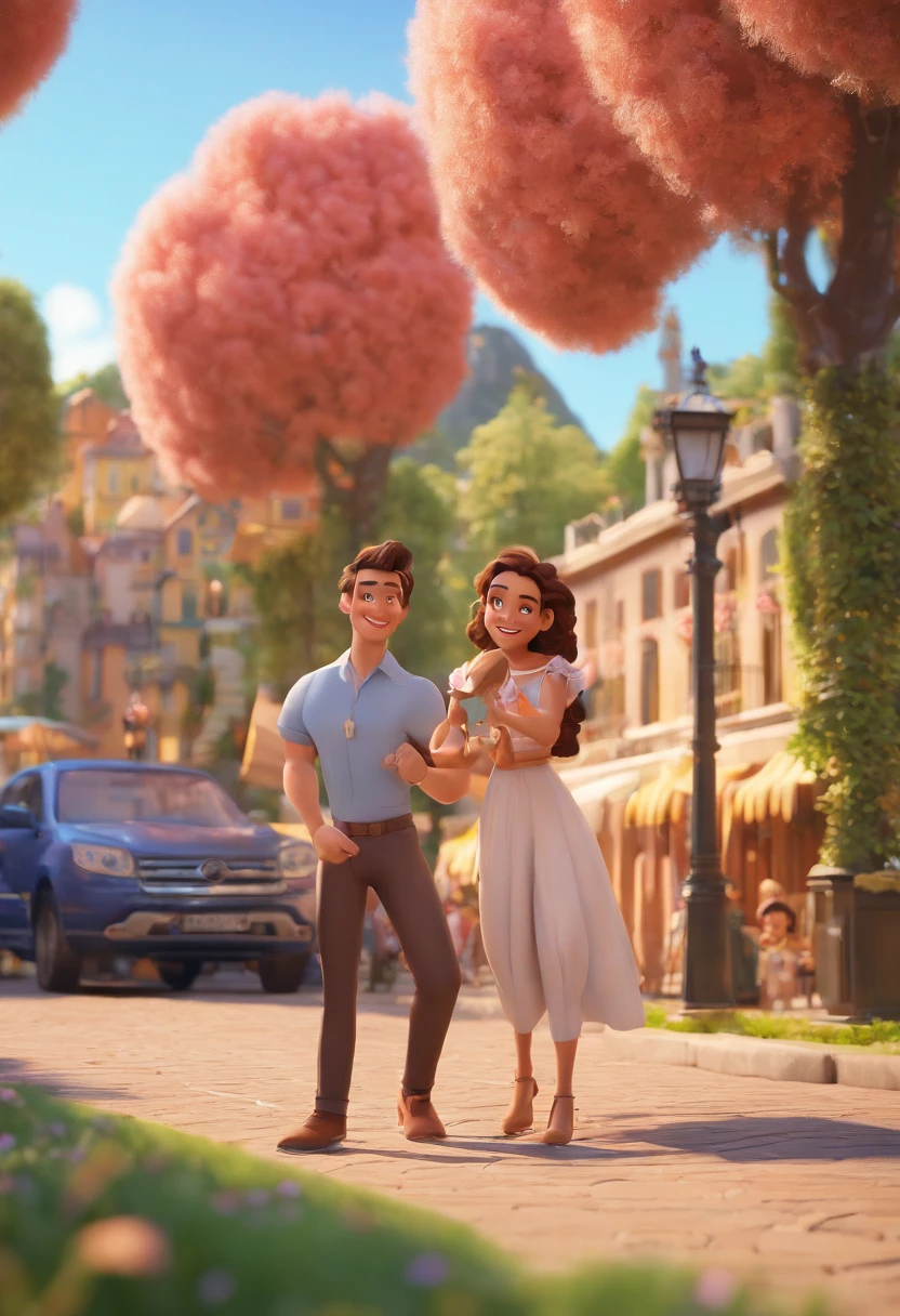 Cartoon of couple having fun on vacation together,  3D Animation Movie Poster, Poster de filme animado, pixar 3 d animation style, pixar renderman rendering, maia 8 mil, animated film, Disney Pixar Estilo 3D, amigos felizes saem juntos, all wearing light blue shirts and cream brown long pants, camisa azul clara, cream brown pants, ao ar livre, vacation, Disney Pixar Animation Poster