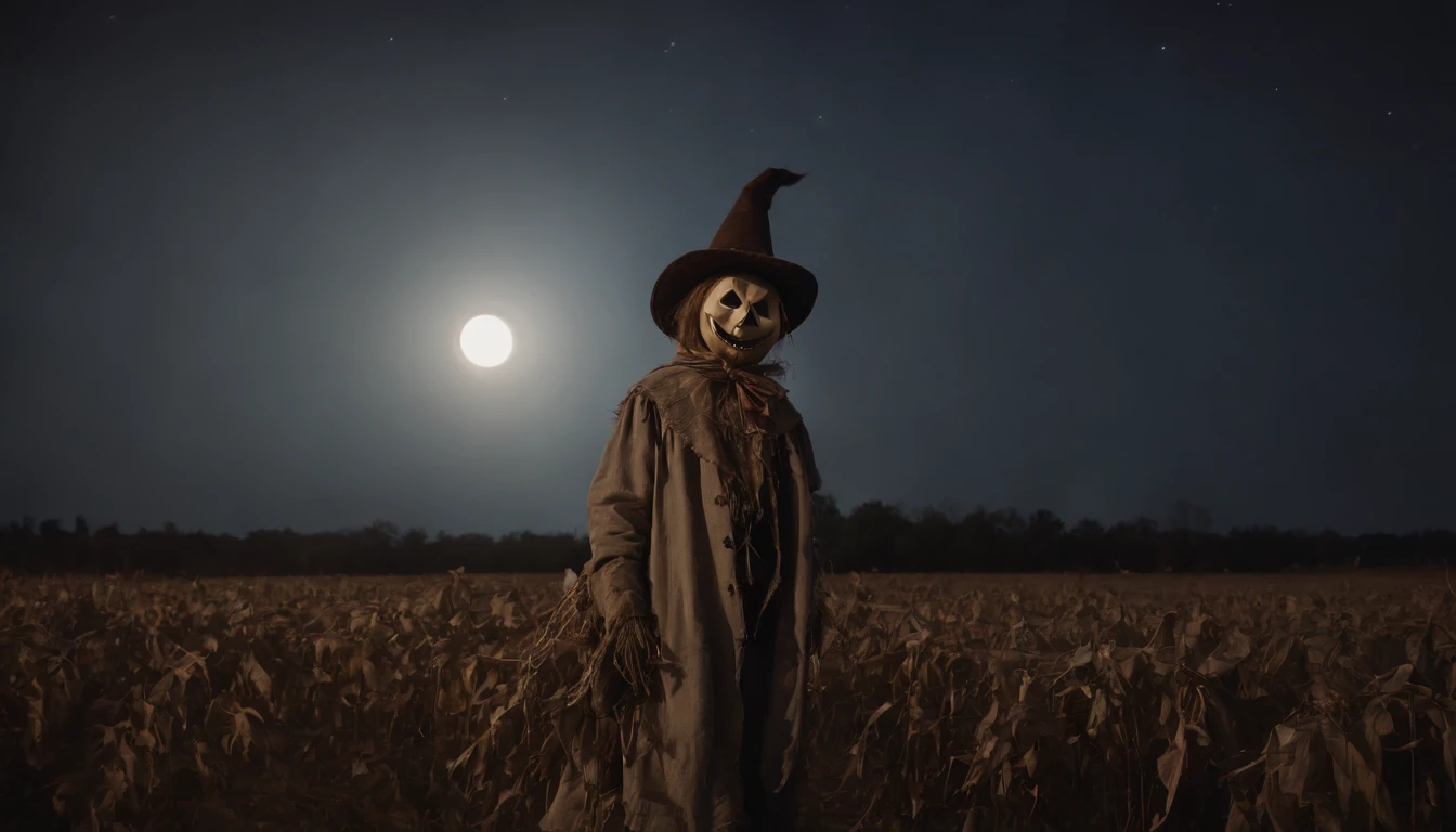 creepy scarecrow in a field at night, halloween night, full moon in the background, ultra detailed, masterpiece.