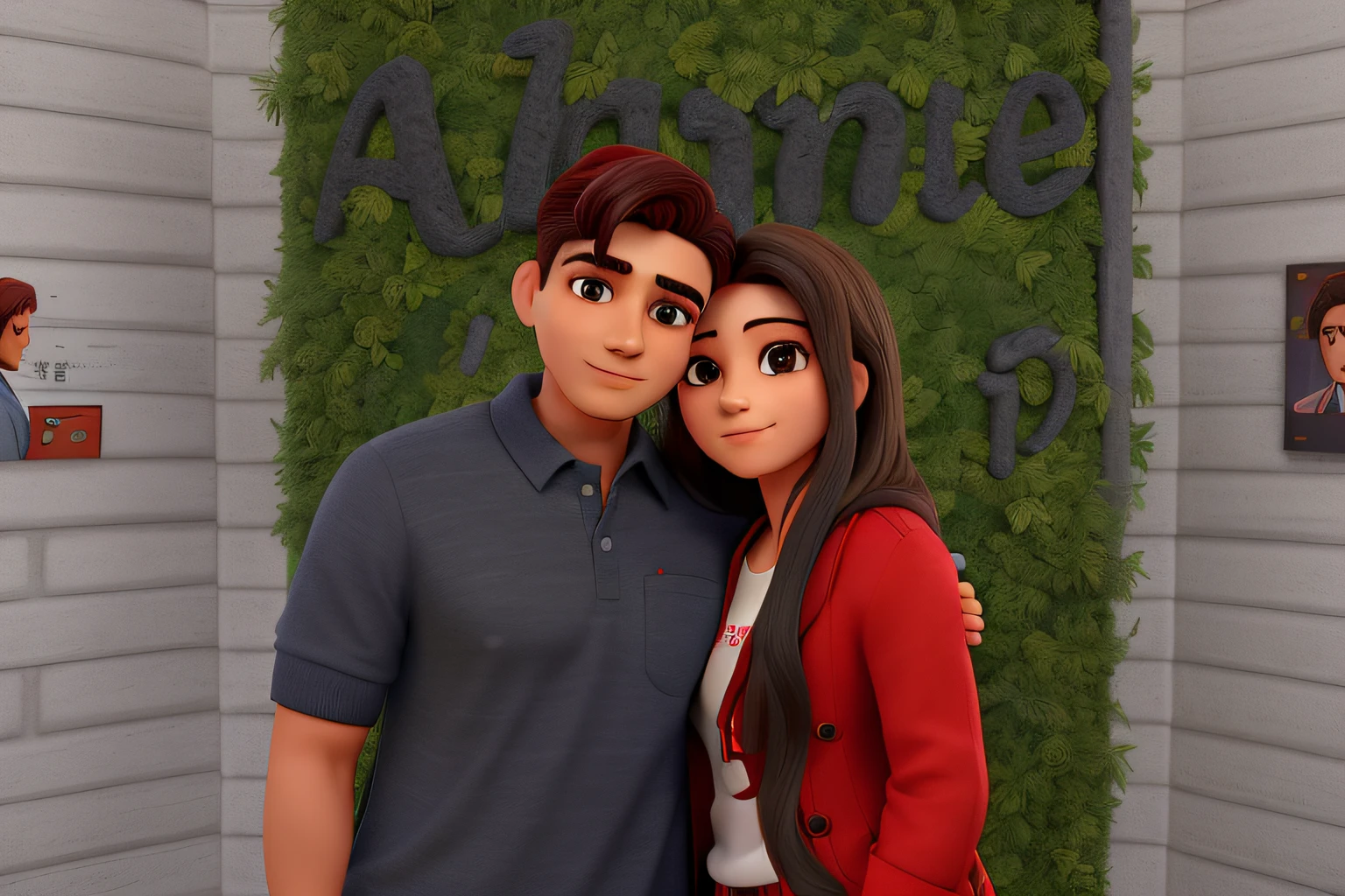 um casal lindo tirando uma foto de rosto com um fundo de tijolos, a mulher tem cabelos lisos e longos, He's wearing a red coat and a white shirt, o homem tem cabelo liso e curto, Is wearing a grey polo shirt