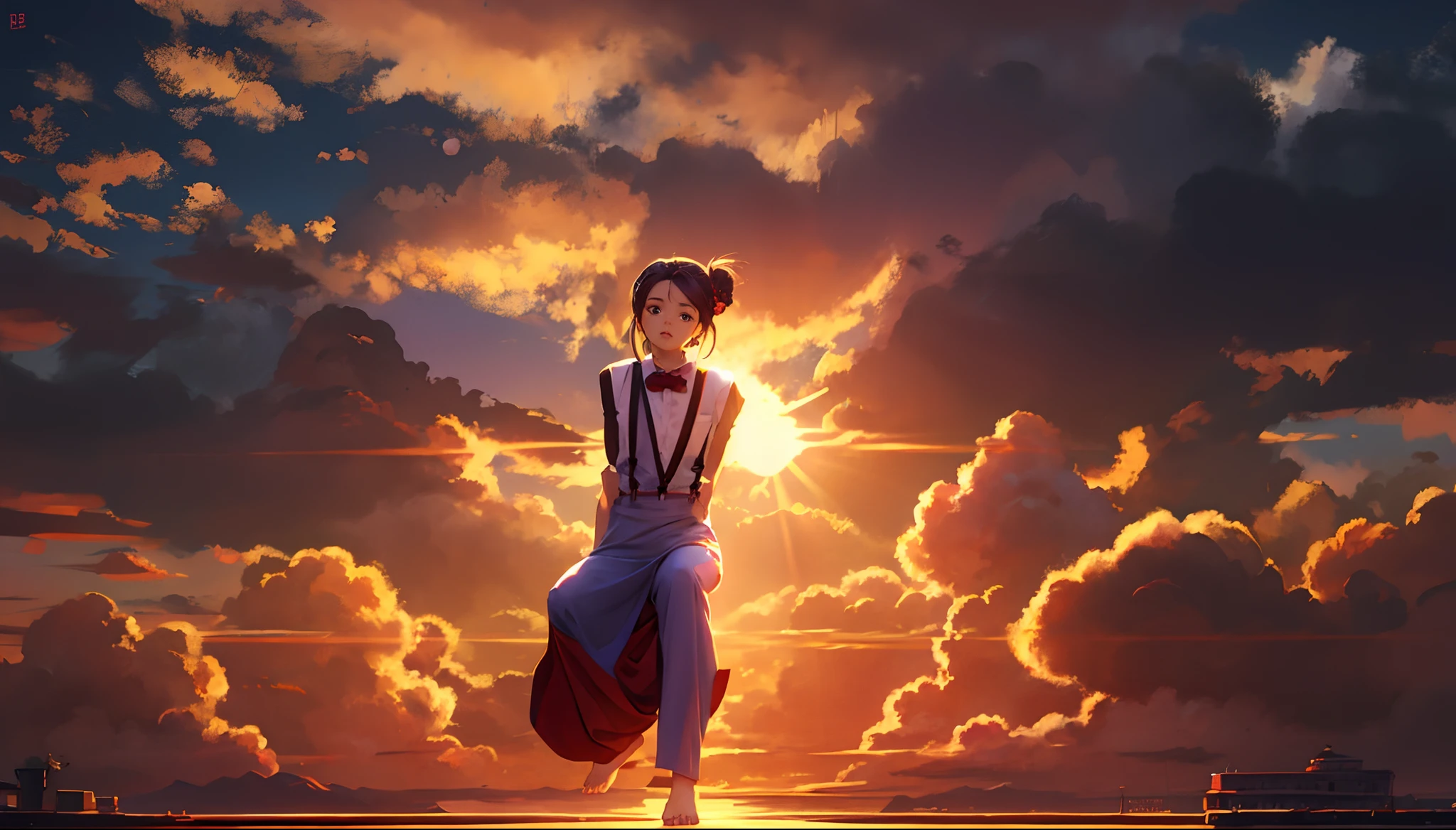 the sunset，eventide，middle parted hairstyle，Suspenders，Fruit lychee，Five fingers are normal and clear，Feet on the ground