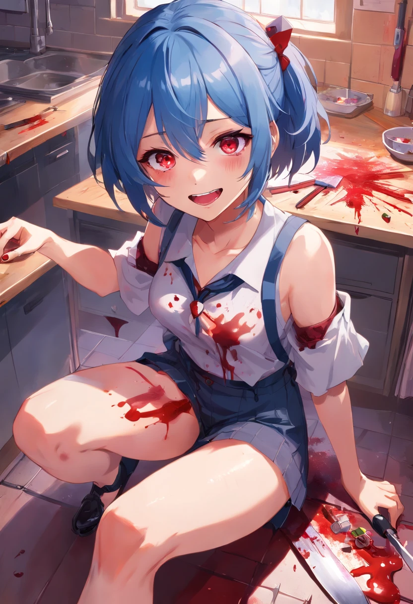 ((best quality)), ((masterpiece)), (detailed), 1 girl, blue_hair, blood, blood_on_clothes, blood_on_face, blood_on_hands, blood splatter, breasts , suspenders, high heels jewelry, injury, looking_at_viewer, red eyes, sitting, thighs, alone, holding a knife, messy hair, insane eyes, antisocial, eye shadow, red eye color, bags under eyes, lots of eyeshadow on, bloody, yandere, insane, holding a knife, crazy smile