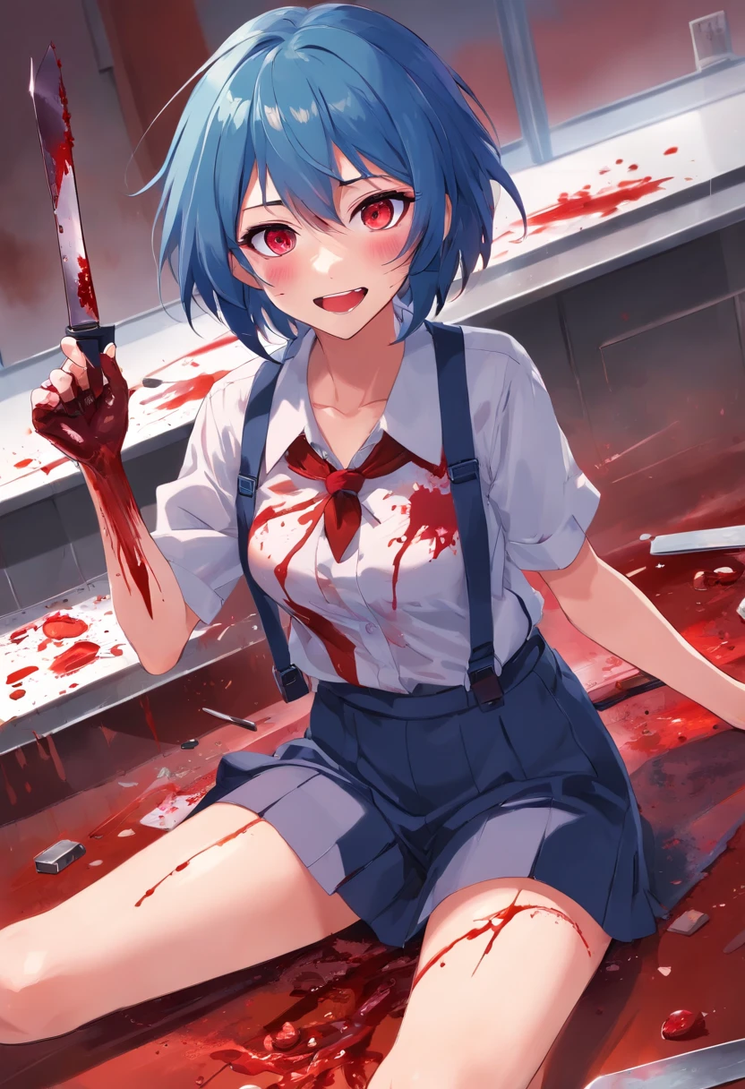 ((best quality)), ((masterpiece)), (detailed), 1 girl, blue_hair, blood, blood_on_clothes, blood_on_face, blood_on_hands, blood splatter, breasts , suspenders, high heels jewelry, injury, looking_at_viewer, red eyes, sitting, thighs, alone, holding a knife, messy hair, insane eyes, antisocial, eye shadow, red eye color, bags under eyes, lots of eyeshadow on, bloody, yandere, insane, holding a knife, crazy smile