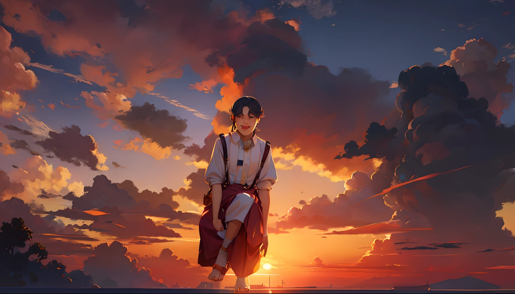 the sunset,eventide,middle parted hairstyle,Suspenders,Fruit lychee,Five fingers are normal and clear,Feet on the ground