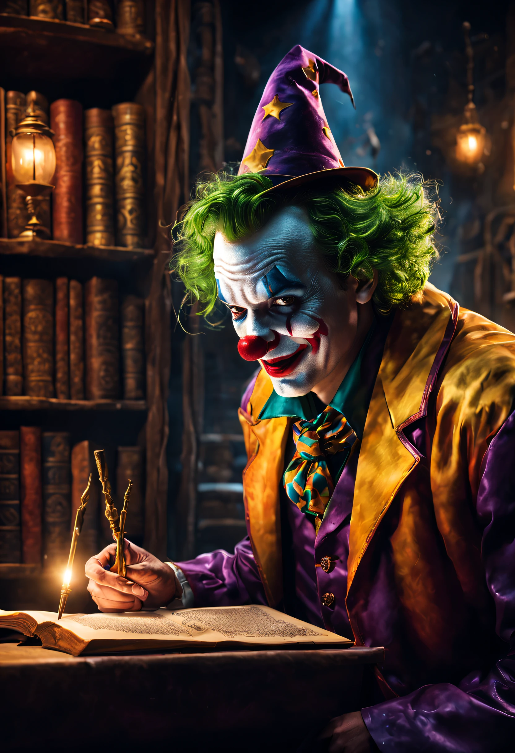 The clown of the DC Universe stands in the classroom, holding a wand, Cast complex and powerful spells. Bright flashes of light illuminate the surroundings. The clown's eyes are full of weirdness and evil,He waved his wand with precision. The air is filled with magical energy, Crackling,Circling around him. The classroom is filled with ancient books, potion bottle, and other magical artifacts. The walls are decorated with intricate tapestries,The history of magic is depicted. The atmosphere is mysterious and charming. The spells cast by the clown are vivid and vivid, creating a stunning visual effect,Entice your audience. The colors are rich and vivid, With a touch of otherworldly light. The lighting is dramatic, Cast a long shadow,Highlight the boy's face in a magical glow. The scene exudes a sense of awe and amazement. The Joker's highly focused attention and the raw power of the spell make it clear that he is a gifted evil wizard, Destined for great things. The image quality is top-notch, It has ultra-fine textures and sharp focus. This artwork has a realistic and fantastical feel, Combine elements of digital illustration and traditional painting. Carefully selected colors create a harmonious and magical atmosphere, With a touch of warmth and mystery. The scene is bathed in softness, Natural light, Cast a soft glow on the surroundings. The overall composition and perspective transport the viewer into a magical world, Evoke feelings of wonder and excitement.