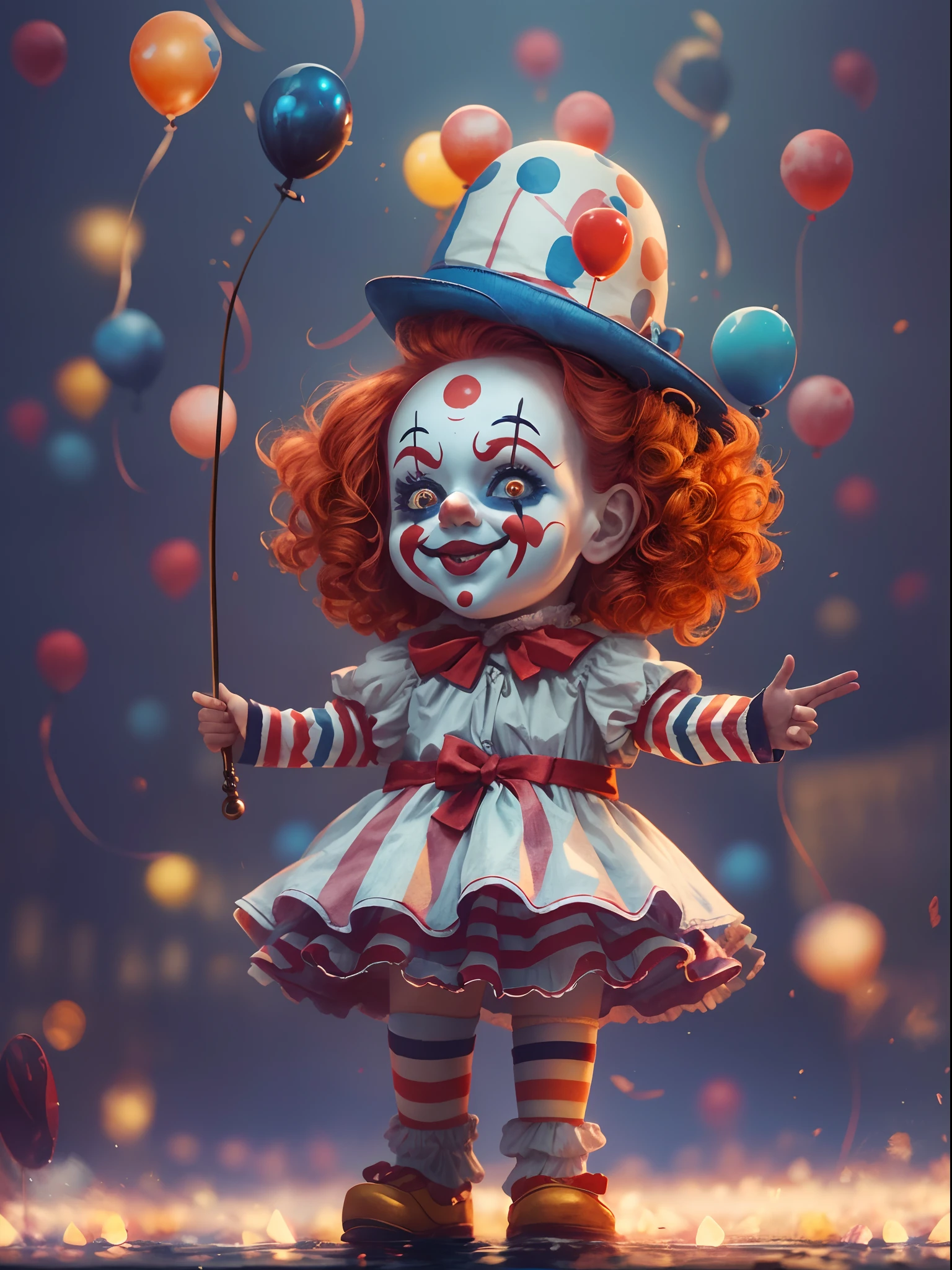 tmasterpiece, best qualityer, cinematic Film still from, 1girll, Cloud Girl, floating into the sky, Close-up, brightly, cheerfulness, Soft lighting and warmth, Sun sunset, (spark of light: 0,7)Cartoon close-up of redhead woman, creepy clown girl, Clown Girl, goth clown girl, and 8K cute core clowns, Cute clown, full body concept, Full body portrait of the clip!, Necromancer girl cyborg saint, Chuck style, Pennywise style, Color screen tones,anatomically correct, textured skin, UHD, masterpiece, ccurate, super detail, high quality, best quality, highres, 8k