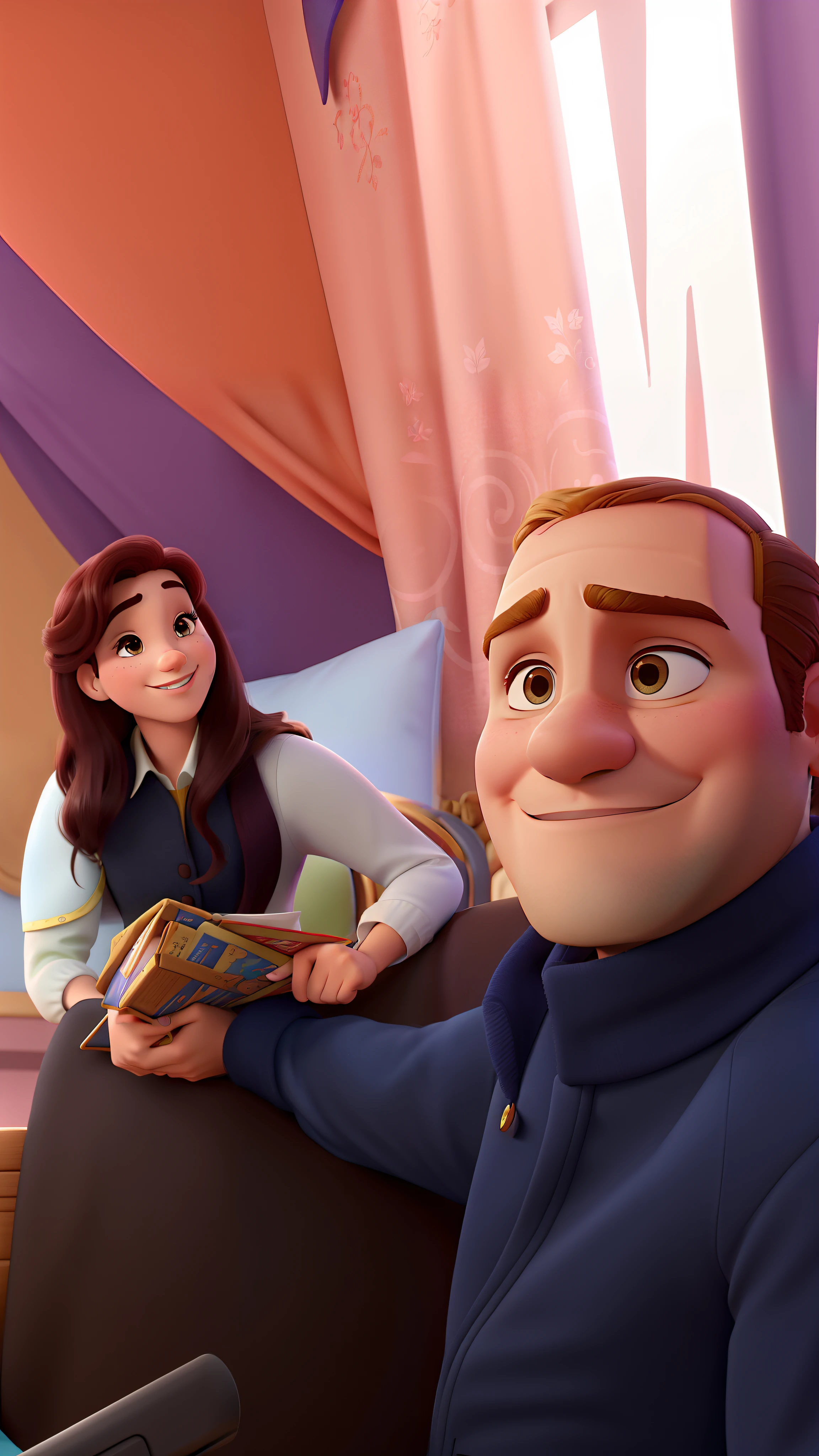 Casal (homem moreno e mulher branca) no estilo Disney Pixar, alta qualidade, melhor qualidade.