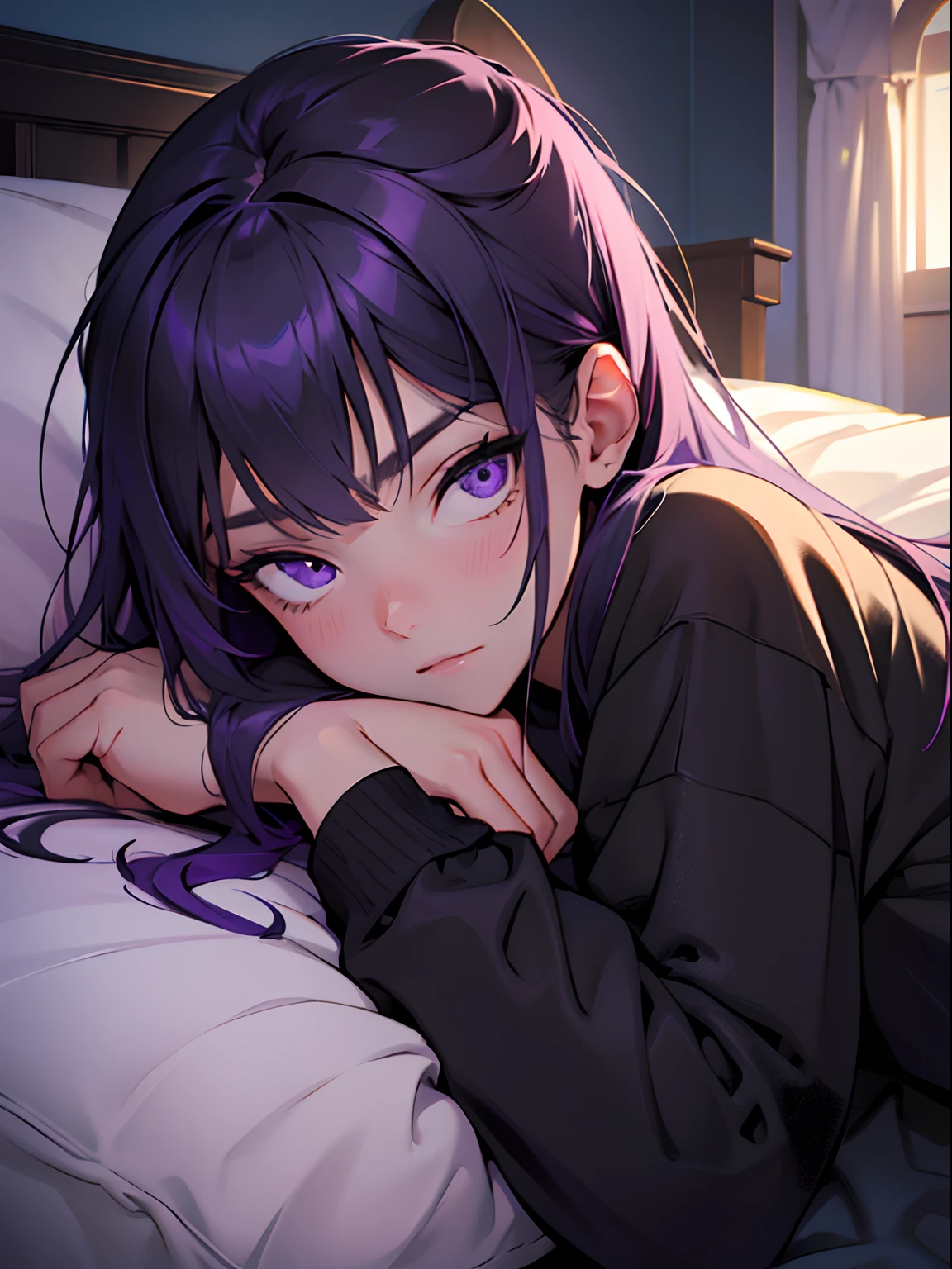Girl in black pajamas. Girl surprisingly long hair. Purple hair girl. Focus on the smallest details. hiquality. Black Room. Black Bed. Purple hair girl. Girl sleeping on bed. dim lights. the night. Very detailed face. violet eyes. Violet eyes. black pajamas. higly detailed. Beautiful facial features. Petite. black tshirt. Black Sweatshirts. half-open eyes. Girl lying on a black bed. Black Bed . Red Accent Details. The girl is sleeping on the bed. Full length picture. The girl lies alone on the bed.
