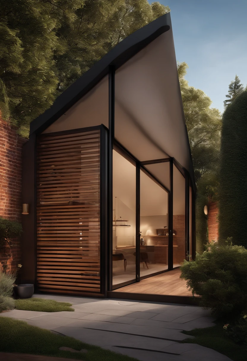 Pixar style of a low and wide ground floor shed with brown bricks with a rectangular façade written Sillos Real Estate with surrounded by a garden surrounded by glass walls and wooden door Pixar movies style