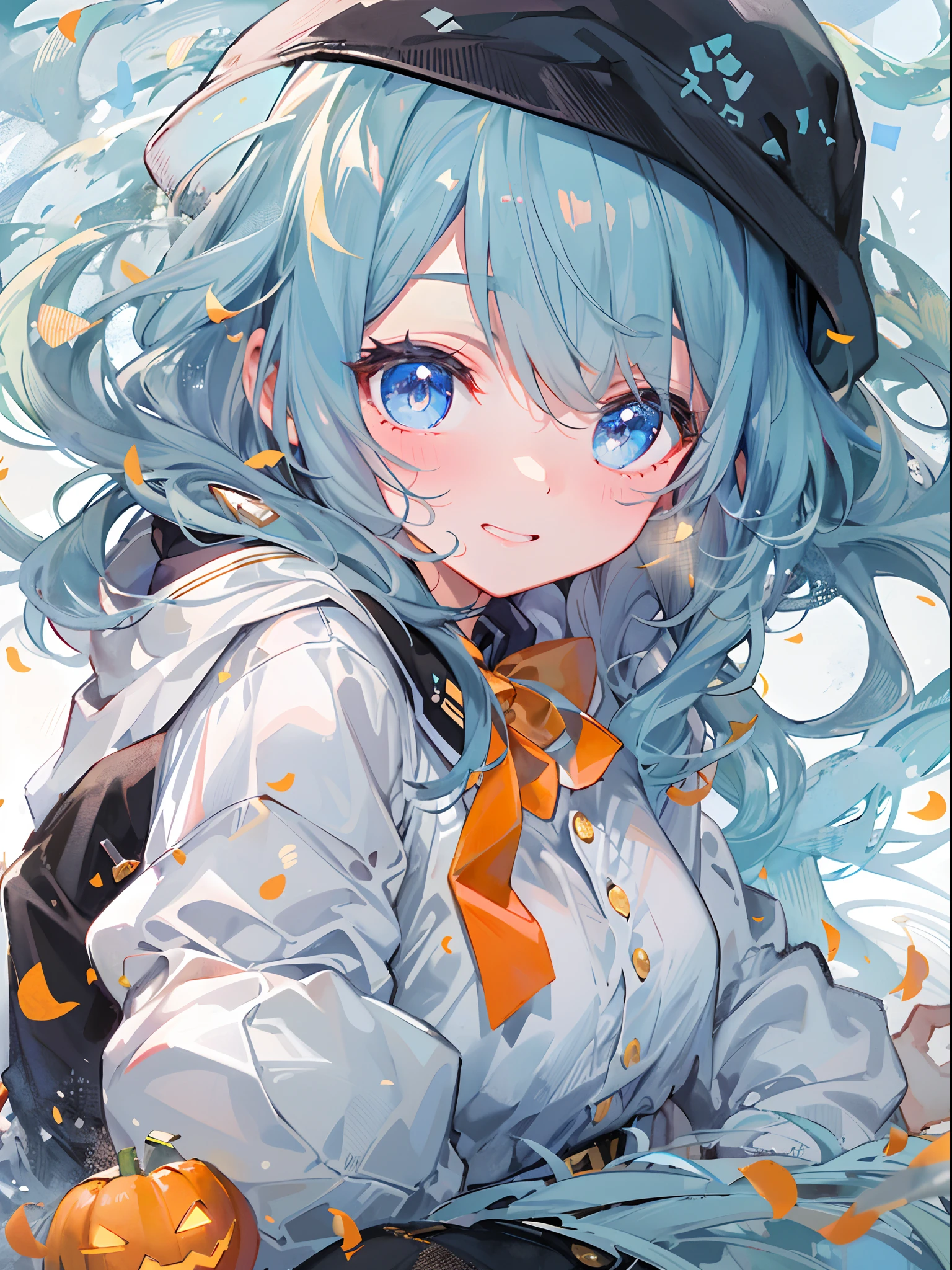 ((top-quality)), ((​masterpiece)), ((ultra-detailliert)), (Extremely delicate and beautiful), girl with, 独奏, cold attitude,((Black jacket)),She is very(relax)with  the(Settled down)Looks,A dark-haired, depth of fields,Evil smile,Bubble, under the water, Air bubble,bright light blue eyes,inner color with bright gray hair and light blue tips,,,,,,,,,,Cold background,Bob Hair - Linear Art, shortpants、knee high socks、White uniform like school uniform、Light blue ribbon ties、Clothes are sheer、Hands in pockets、Bright eyes like sapphire,Fronllesse Blue, A small blue light was floating、Upper Eyes、foodie, Halloween、Orange pumpkin、Jack-o'-lantern