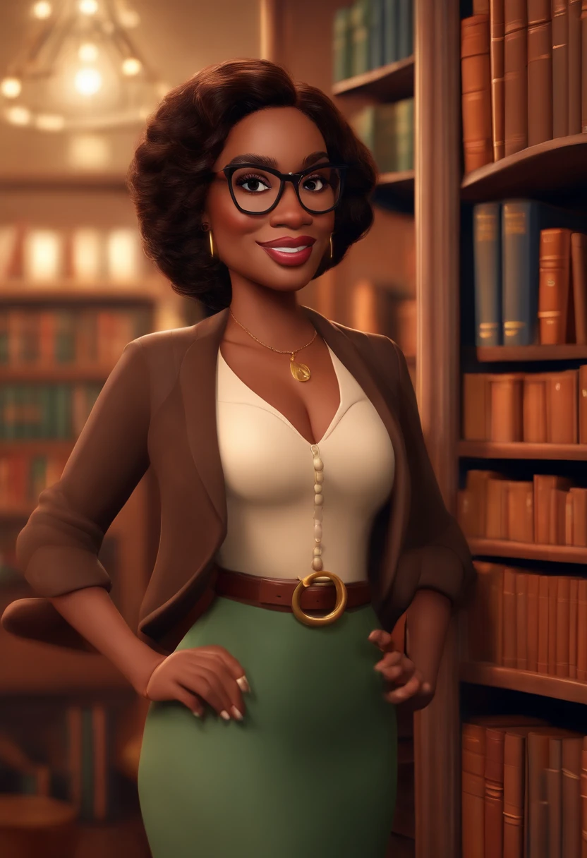 Pixar style image with 3D character, a light-skinned black woman with glasses and a dress outfit, she is a lawyer and is well dressed in the background, a law office with bookshelf and books with depth, bem bonito faca os ajustes que julgar necessario para melhor estetica ela tem cabelo cacheado medio volume cachos soltos castanhos mulher empoderada, Anos Imane, andrea rocha, inspired by Antonín Chittussi, Magalie Villeneuve, imagem profissional, simone graci, imagem profissional, imagem de perfil, imagem de alta qualidade, Alanis Guillen, inspirado em Araceli Gilbert Maquiagem Disney,Pescador, bonitinho, sorridente ,Close-up, Pixar, Disney, Cinema lighting,