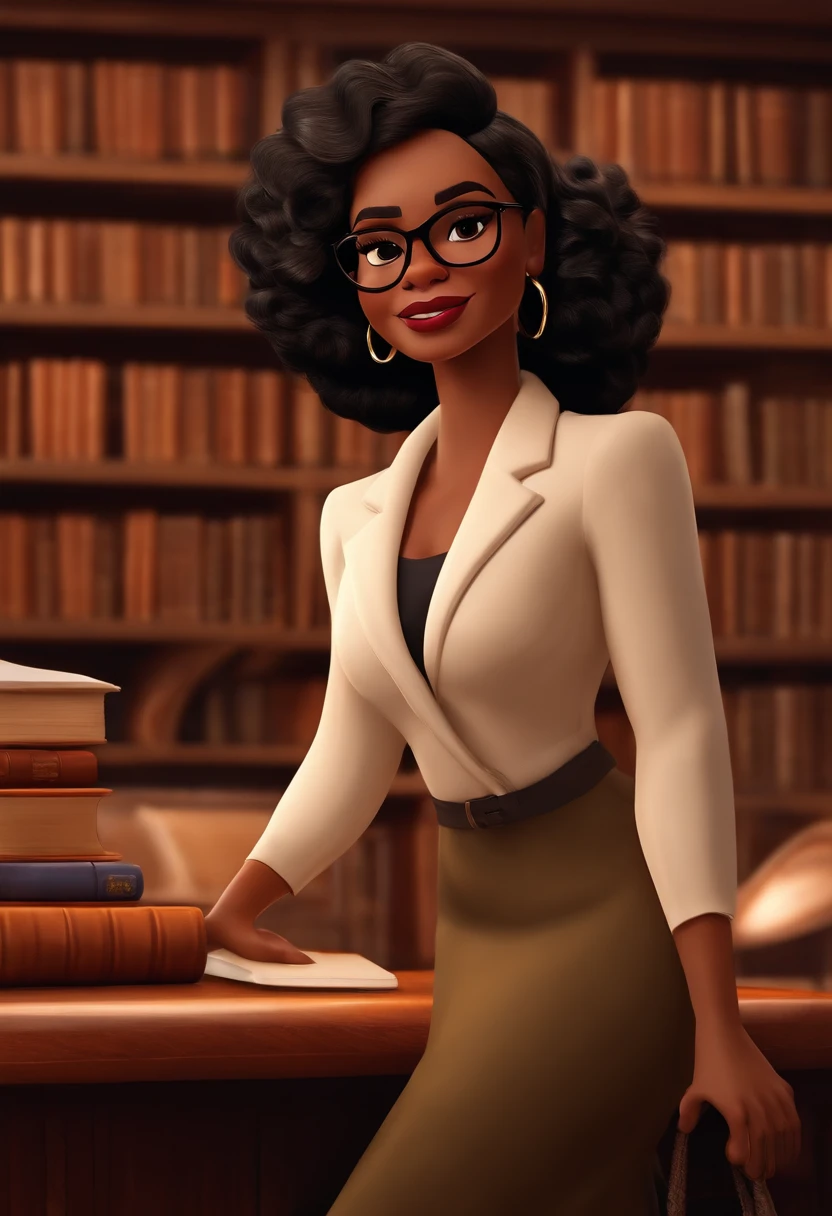 Pixar style image with 3D character, a light-skinned black woman with glasses and a dress outfit, she is a lawyer and is well dressed in the background, a law office with bookshelf and books with depth, bem bonito faca os ajustes que julgar necessario para melhor estetica ela tem cabelo cacheado medio volume cachos soltos castanhos mulher empoderada, Anos Imane, andrea rocha, inspired by Antonín Chittussi, Magalie Villeneuve, imagem profissional, simone graci, imagem profissional, imagem de perfil, imagem de alta qualidade, Alanis Guillen, inspirado em Araceli Gilbert Maquiagem Disney,Pescador, bonitinho, sorridente ,Close-up, Pixar, Disney, Cinema lighting,