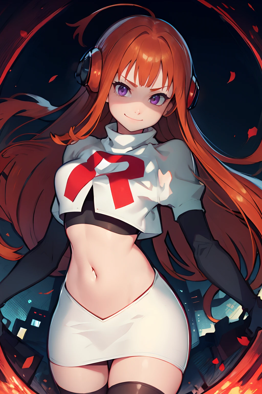 futaba sakura, orange hair, long hair, (purple eyes:1.1), ahoge,team rocket, team rocket uniform, red letter R, white skirt, white crop top, black thigh-highs, black elbow gloves looking at viewer, evil smile