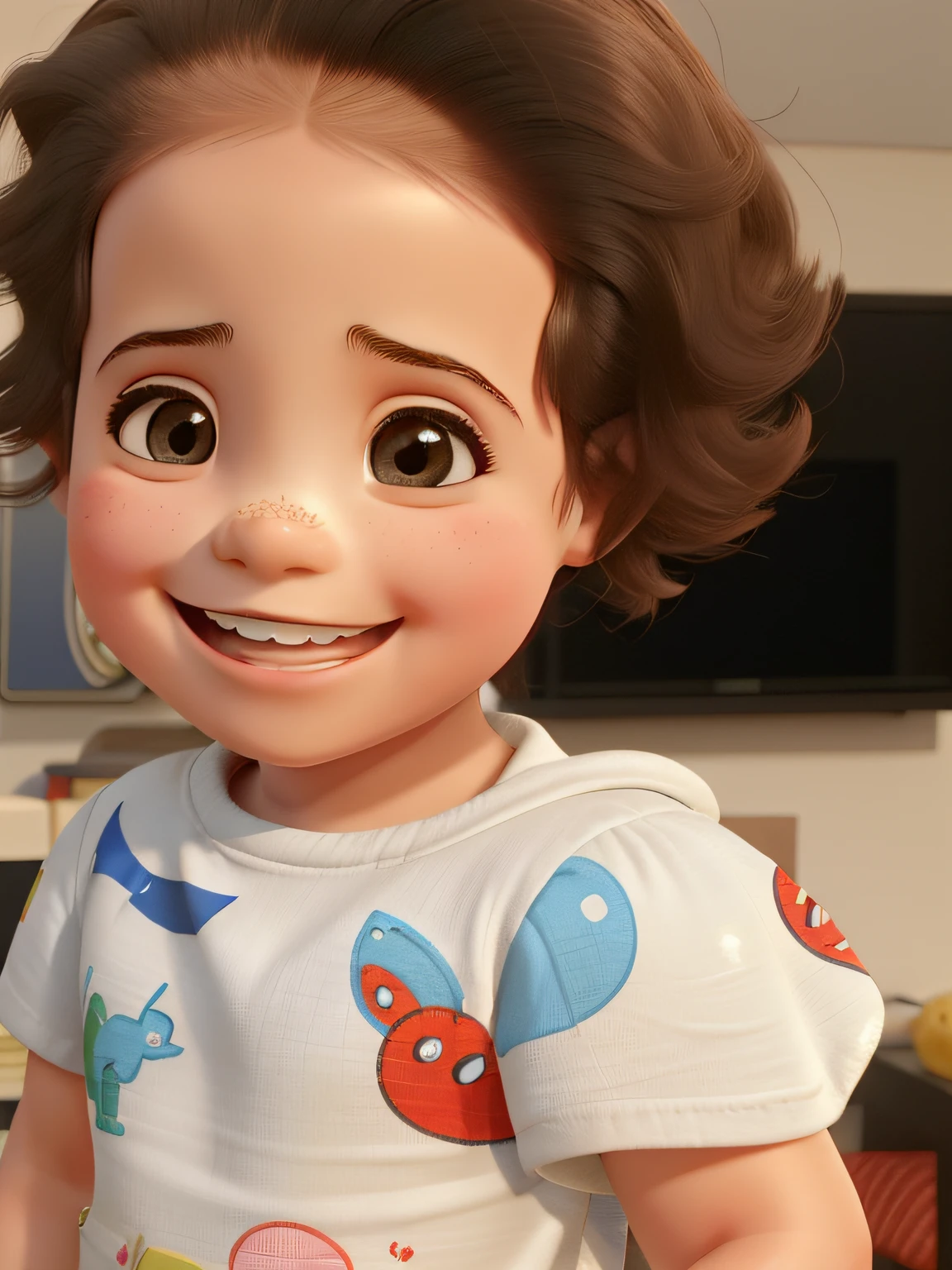 a 2-year-old child, cabelo castanho escuro, sorrindo, bem feliz, comendo queijo