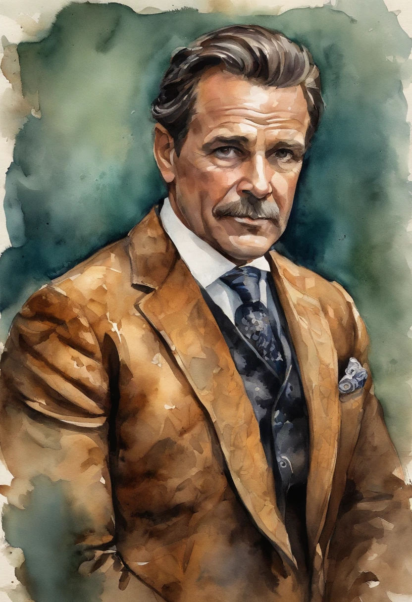 Cinematic portrait photo of a hand man, alto e em forma, 40 anos, (Barbeado:1.2) , cabelos castanhos curtos e encaracolados. terno de veludo apertado marrom escuro, (The jacket has black flower patterns:1.2). Estilo Stacia Burlington, Aquarela, Cor suave, rosto sereno, Close-up, Imagens vintage