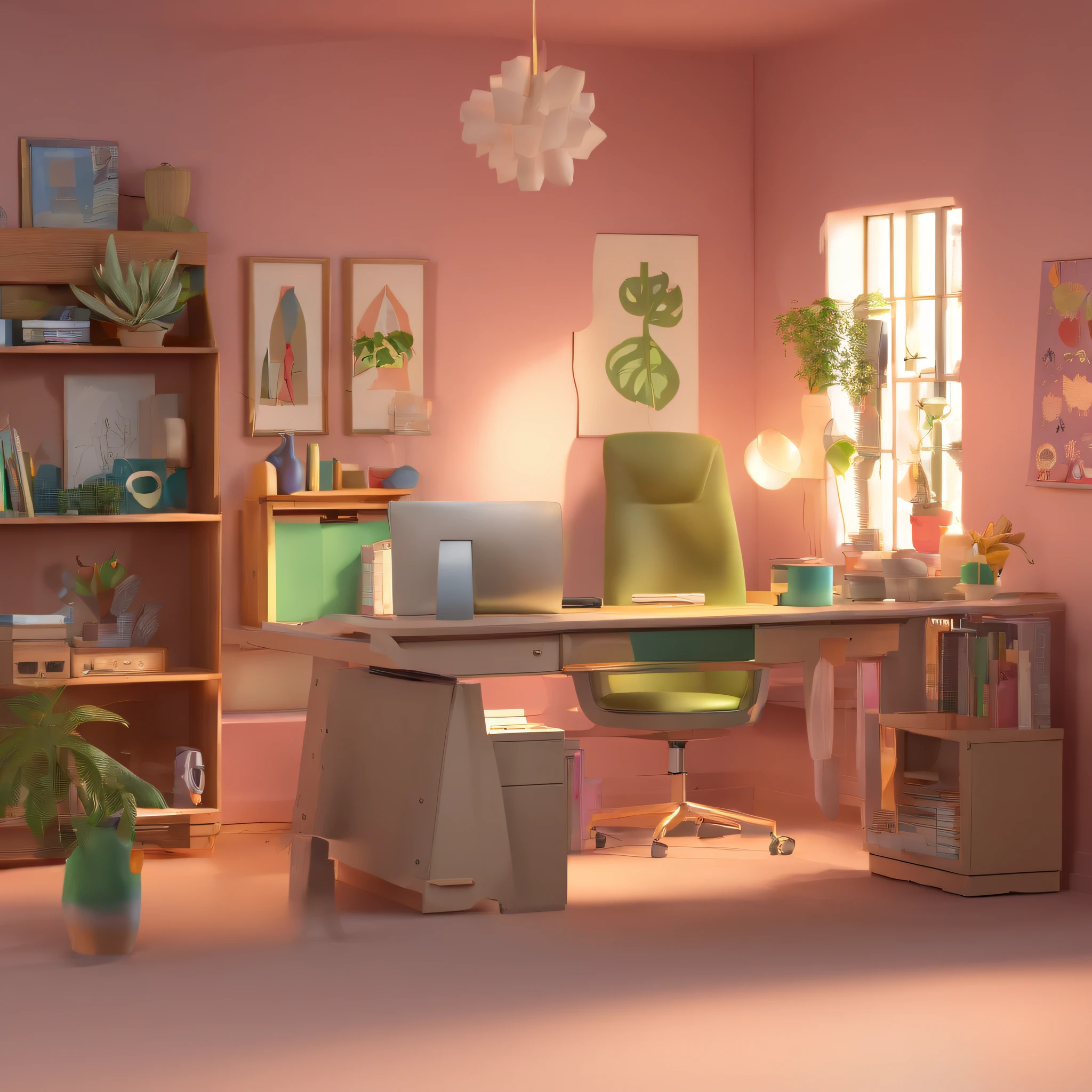 uma imagem no estilo pixar video , The setting is an office with a desk, computador, A wall is gray with paintings, outra parede quadriculada rosa, The main character is a 30-year-old woman with slightly wavy medium black hair , brown eyes and holds an ipohne with apple green cape