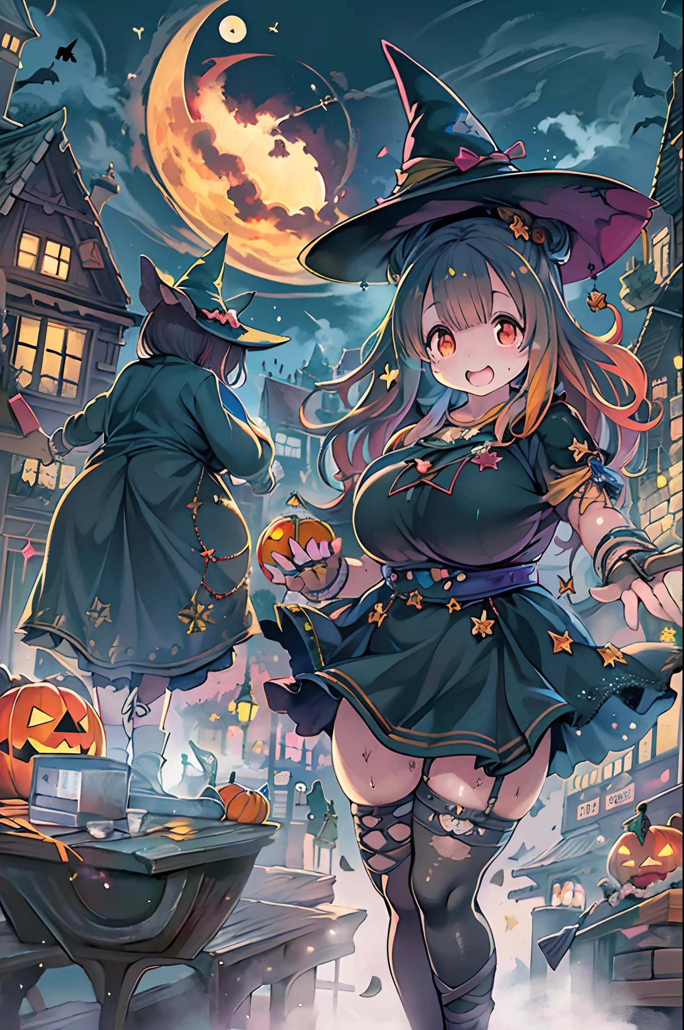 masutepiece,Charming Halloween Witches, Random coloring,2D, planar vector, T-shirt design, Colorful splashes, Fantasy Art, Watercolor effect,Digital Painting, white bg, 8K、night cityscape,bbw,Anime style、huge-breasted、(bbw:1.8)