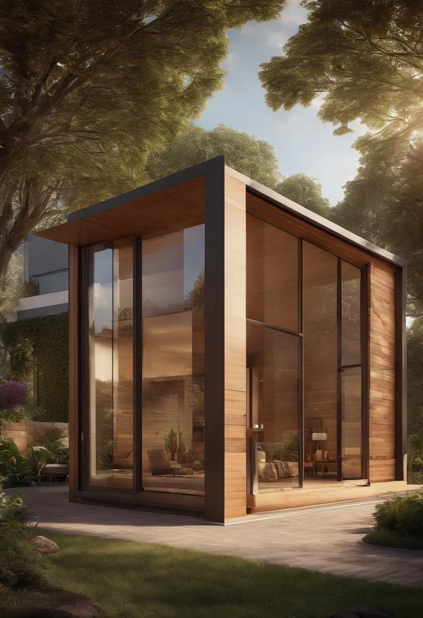 Pixar style of a low and wide ground floor shed with brown bricks with a rectangular façade written Sillos Real Estate with surrounded by a garden surrounded by glass walls and wooden door Pixar style movies Written "Sillos Real Estate"