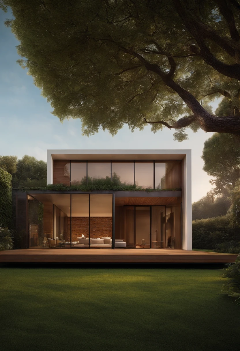 Pixar style of a low and wide ground floor shed with brown bricks with a rectangular façade written Sillos Real Estate with surrounded by a garden surrounded by glass walls and wooden door Pixar style movies Written "Sillos Real Estate"
