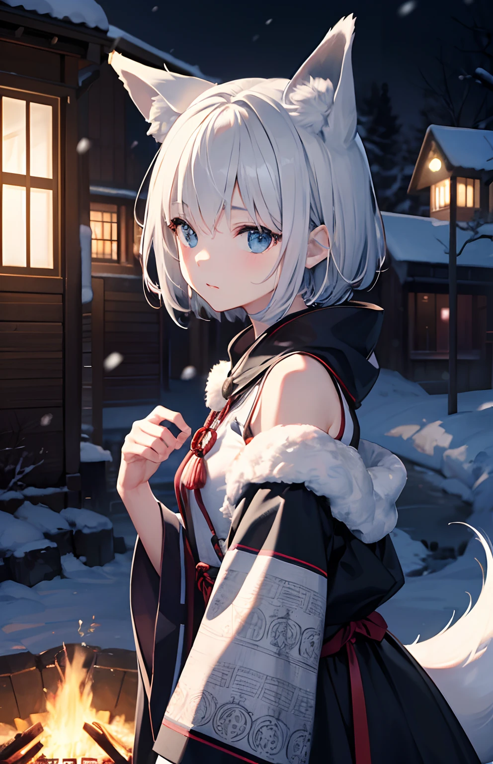 masterpiece,Top image quality,hight resolution,imagem 4k,Raw photo,Photorealsitic,{Solo},teens girl,silber hair,Bery short hair,stare at each other,Blue eyes,小柄,Silver fox ears,Fox tail,snowscape,,,boyish,Ainu pattern,,bonfire,,,