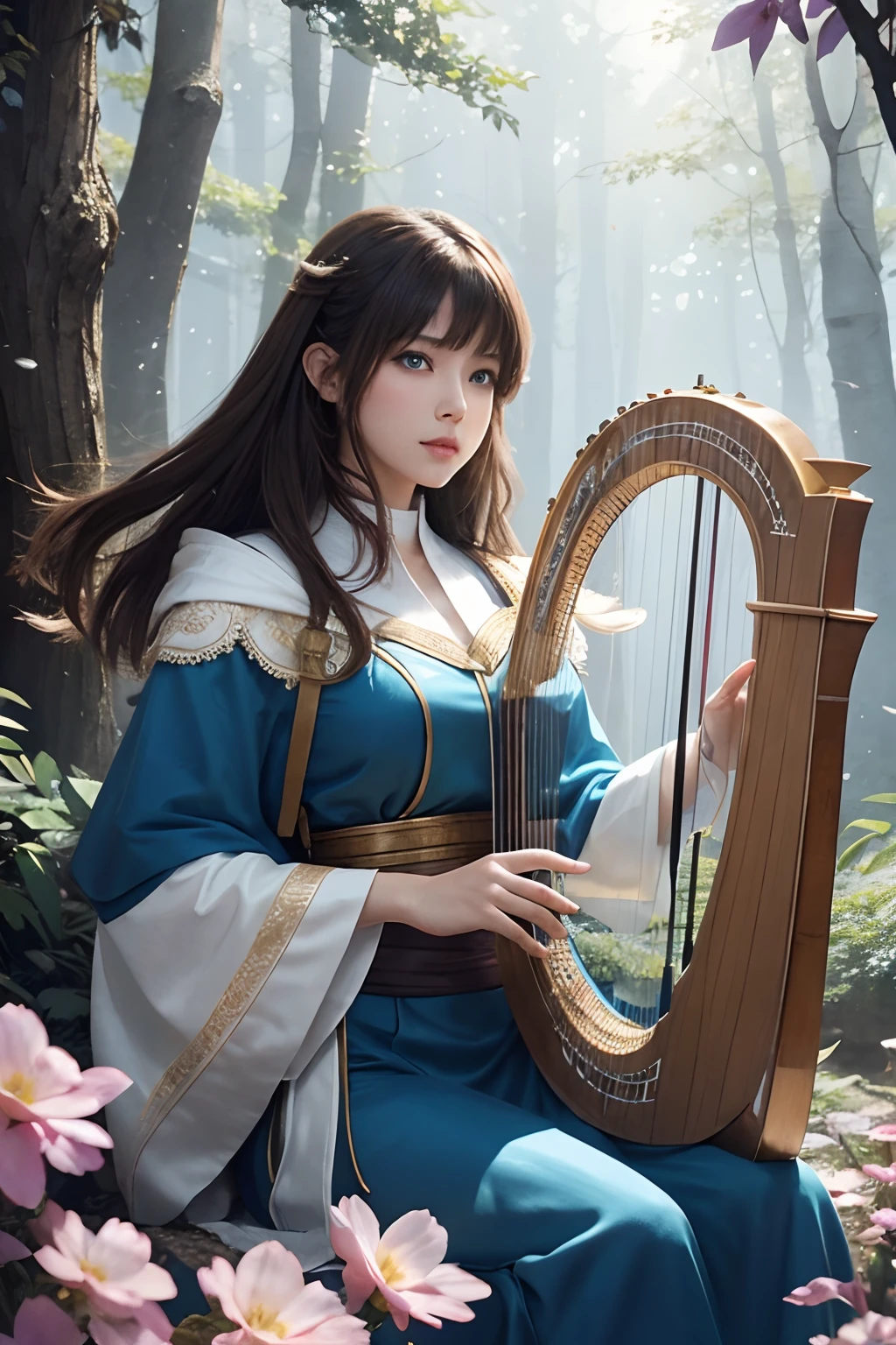 hightquality、8K Ultra HD、fullllbody、A -yeld fee harpist is playing the harp、robe blanche、light brown hair、Blue eyes、(There is a nice healing forest in the background)、cute little、Beautiful fece、portlate、A kitten、art by:Alberto Seveso、Symmetrical、Abstract art style、Complex and intricate watercolor painting 、digitial painting、explosion of colors、concept-art、Volumetric lighting、TanvirTamim、metal reflective、2d render、8K。 by artgerm、Trending on ArtStation