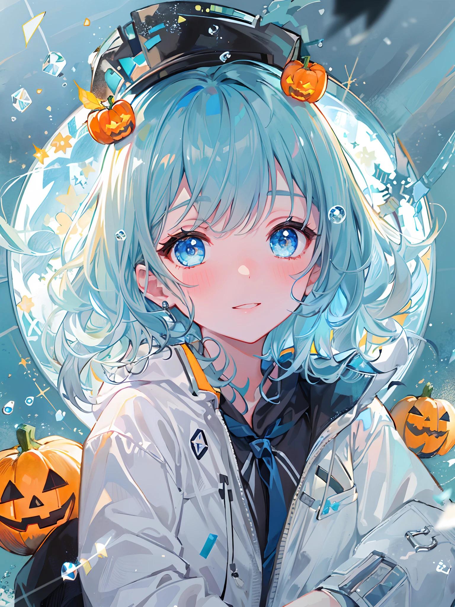((top-quality)), ((​masterpiece)), ((ultra-detailliert)), (Extremely delicate and beautiful), girl with, 独奏, cold attitude,((Black jacket)),She is very(relax)with  the(Settled down)Looks,A dark-haired, depth of fields,Evil smile,Bubble, under the water, Air bubble,bright light blue eyes,inner color with bright gray hair and light blue tips,,,,,,,,,,,,,,,,,Cold background,Bob Hair - Linear Art, shortpants、knee high socks、White uniform like school uniform、Light blue ribbon ties、Clothes are sheer、Hands in pockets、Bright eyes like sapphire,Fronllesse Blue, A small blue light was floating、Upper Eyes、glass shards、Snowflake Hair Ornament, Halloween, Orange pumpkin、Jack-o'-lantern、Orange and light blue odd eye