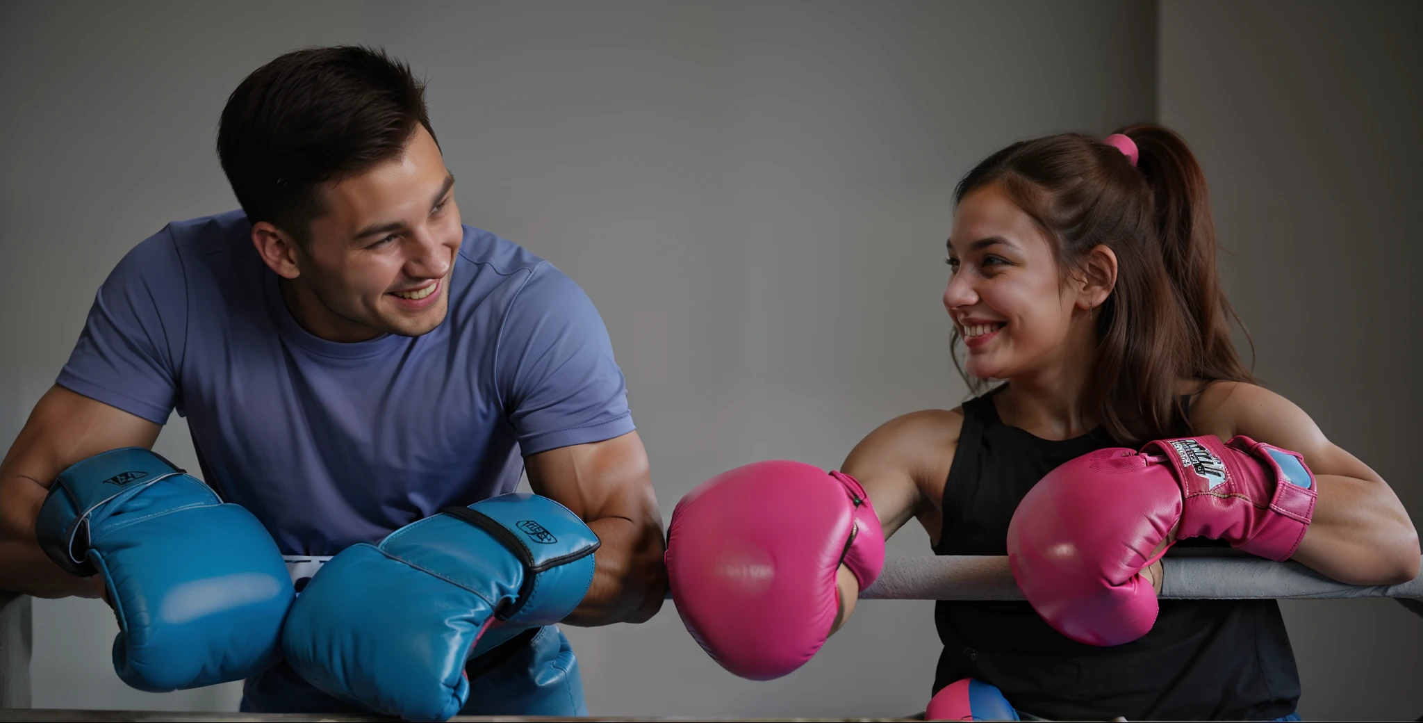 Man and woman standing next to each other smiling and wearing pink and blue boxing gloves
