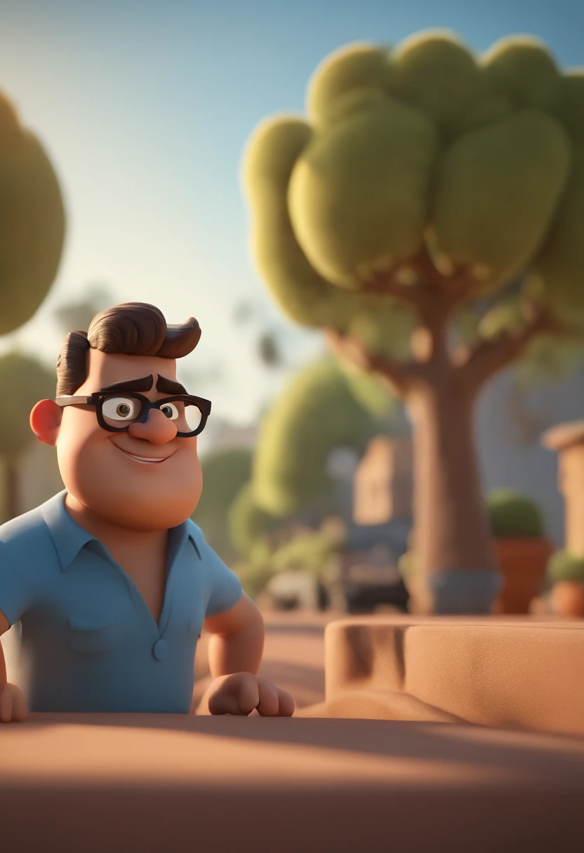 Cartoon character of a man with black glasses, cabelo cacheado marrom escuro e uma camisa azul, animation character, Caractere estilizado, animation style rendering, 3D estilizado, Arnold Maya render, 3 d render stylized, toon render keyshot, Personagem 3D, Personagem 3D, 3d rendering stylized, 3 d character render, personagem de desenho animado, Personagem de close up, Pose de personagem, (Estilo Pixar) (master part:1.2) (Bokeh) (best quality) (pele detalhada) (textura detalhada) (8k) (argila) (Cinematic lighting) (foco nítido