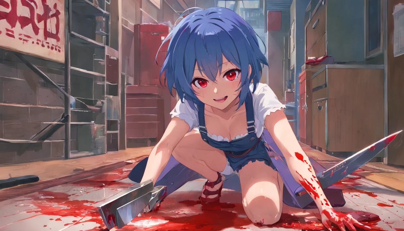 ((best quality)), ((masterpiece)), (detailed), 1 girl, blue_hair, blood, blood_on_clothes, blood_on_face, blood_on_hands, blood splatter, breasts , suspenders, high heels jewelry, red eyes, sitting, thighs, alone, holding a knife, messy hair, insane eyes, antisocial, eye shadow, red eye color, bags under eyes, lots of eyeshadow on, bloody, yandere, insane, holding a knife, crazy smile