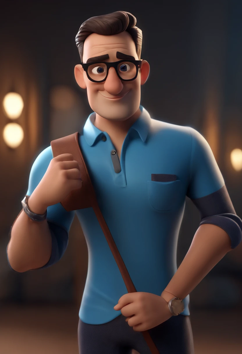 Cartoon character of a man wearing black glasses and a blue shirt, um personagem animado, Caractere estilizado, animation style rendering, 3D estilizado, Arnold Maya render, 3 d render stylized, toon render keyshot, Personagem 3D, Personagem 3D, 3d rendering stylized, 3 d character render, personagem de desenho animado, Personagem de close up, Pose de personagem, (Estilo Pixar) (master part:1.2) (Bokeh) (best quality) (pele detalhada) (textura detalhada) (8k) (argila) (Cinematic lighting) (foco nítido，Senta e vaza a parte superior do corpo