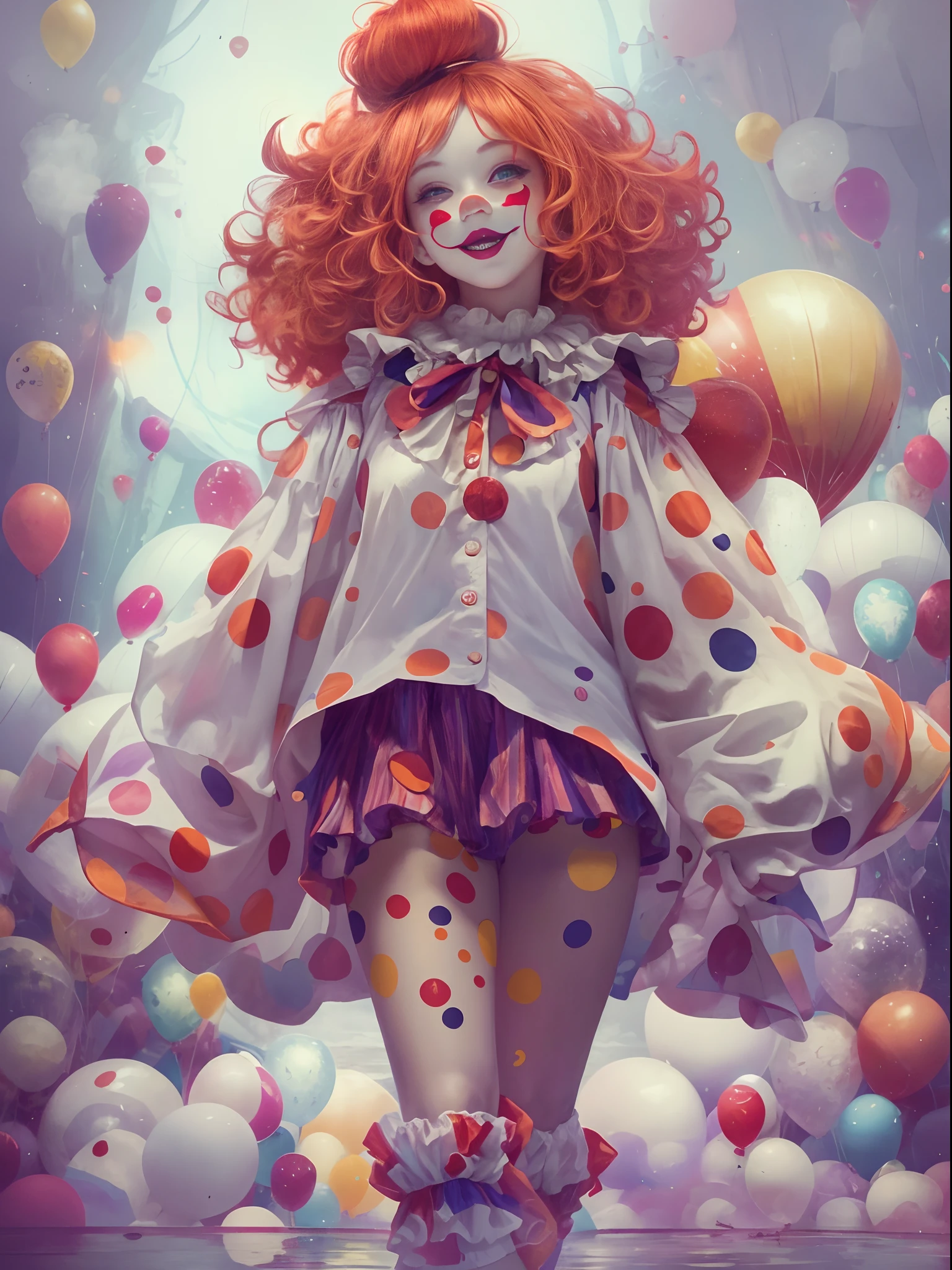 tmasterpiece, best qualityer, cinematic Film still from, 1girll, Cloud Girl, floating into the sky, Close-up, brightly, cheerfulness, Soft lighting and warmth, Sun sunset, (spark of light: 0,7)Cartoon close-up of redhead woman, creepy clown girl, Clown Girl, goth clown girl, and 2K cute core clown core, Cute clown, full body concept, Full body portrait of the clip!, low res, Necromancer girl cyborg saint, Chuck style, Pennywise style, Color screen tones