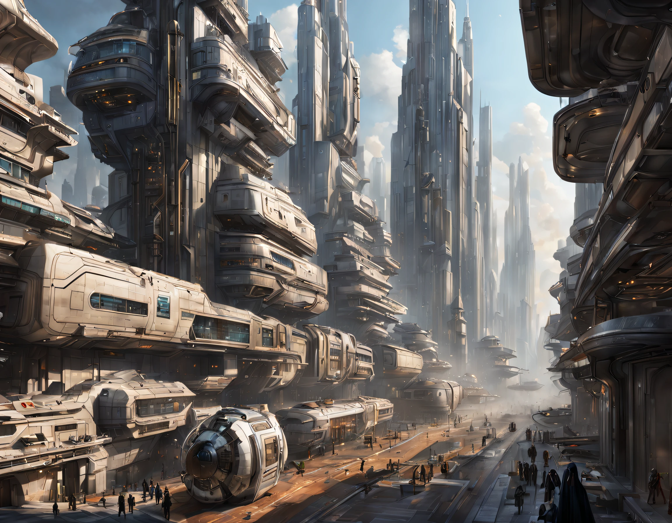 The city of Coruscant from Star Wars as designed by Doug Chiang, futuristic fantasy city with immense buildings of technological design (que forman una avenida infinita), edificios compactor no difuminados, con estructuras acristaladas en plata, oro y bronce espectaculares, (con colores vivos). pavimento ensolado (sin brillo). gente paseando. imagen bien definida con muchos edificios juntos. imagen nitida bien definida 8k. los edificios llegan alta el fondo.,8k. imagen cinematografica.