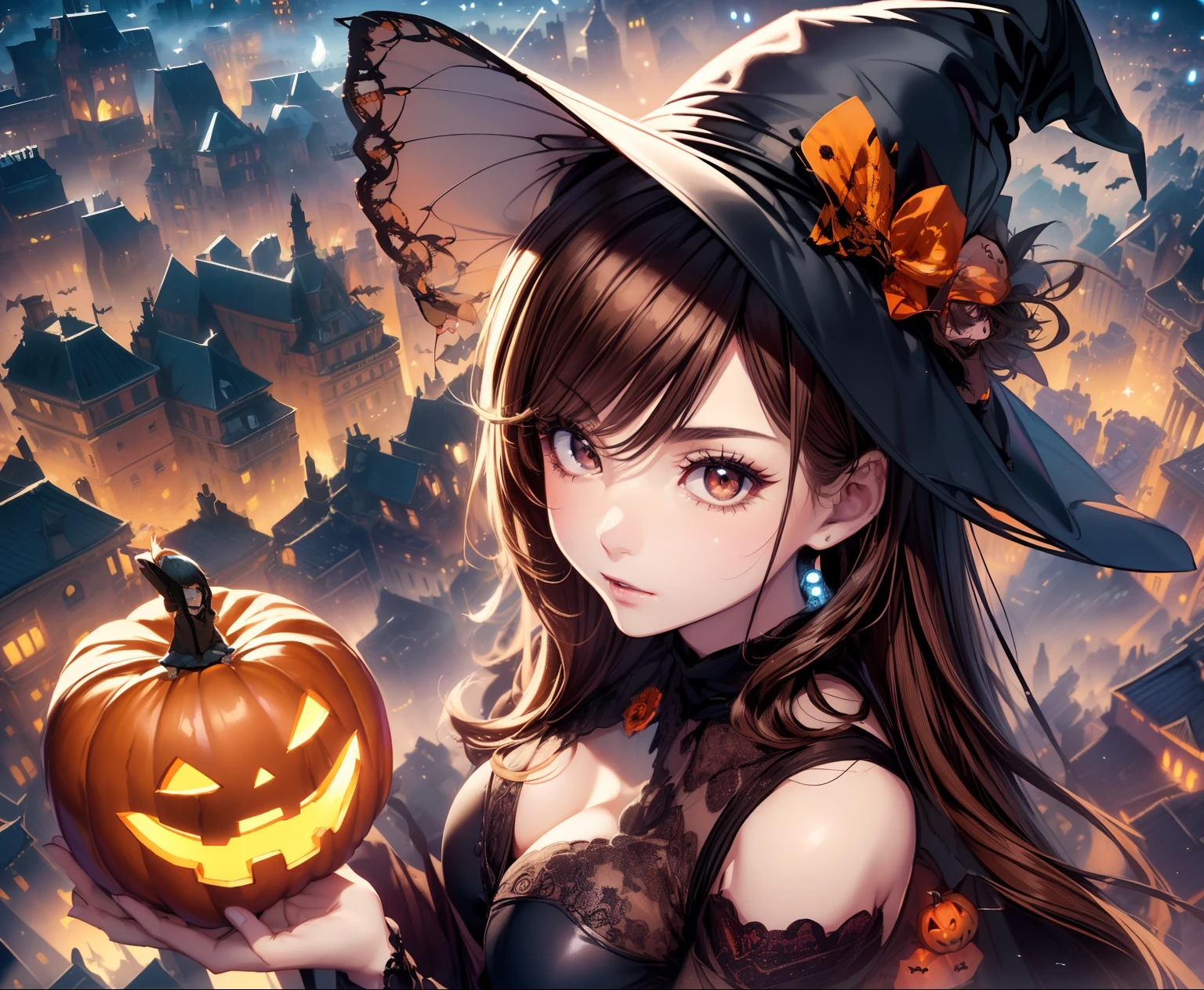 Best Quality, masutepiece, beautiful mature women、Beautiful face、Strong-minded woman、(Black long dress、Witch)、brown haired、(Brown-eyed)、Longhaire、Undersized eyes、(((Halloween)))、nighttime scene、(((Girl rides a pumpkin and flies in the sky、Overlooking the city from the air:1.5)))、Bigger background