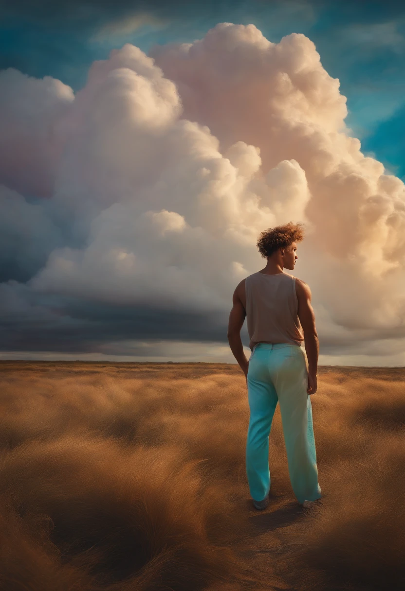 cloud wearing colorful pants, oil painting, detailed fluffy edges, vibrant colors, surreal atmosphere, soft lighting