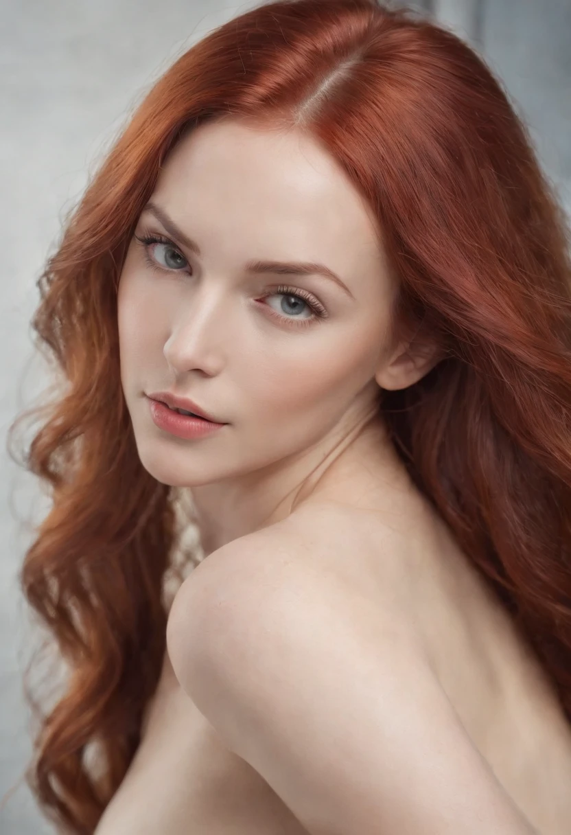 Generate an image of a Russian woman with distinctive features. She should have long, vibrant red hair that cascades down her back. Her skin should be pale, almost porcelain-like, contrasting beautifully with her fiery hair. Her eyes should be a striking shade of blue, clear and bright. She should have a voluptuous figure, with large breasts and big, round buttocks. This combination of features should create an image of a stunning, alluring Russian woman, naked, pink vagina with no hair